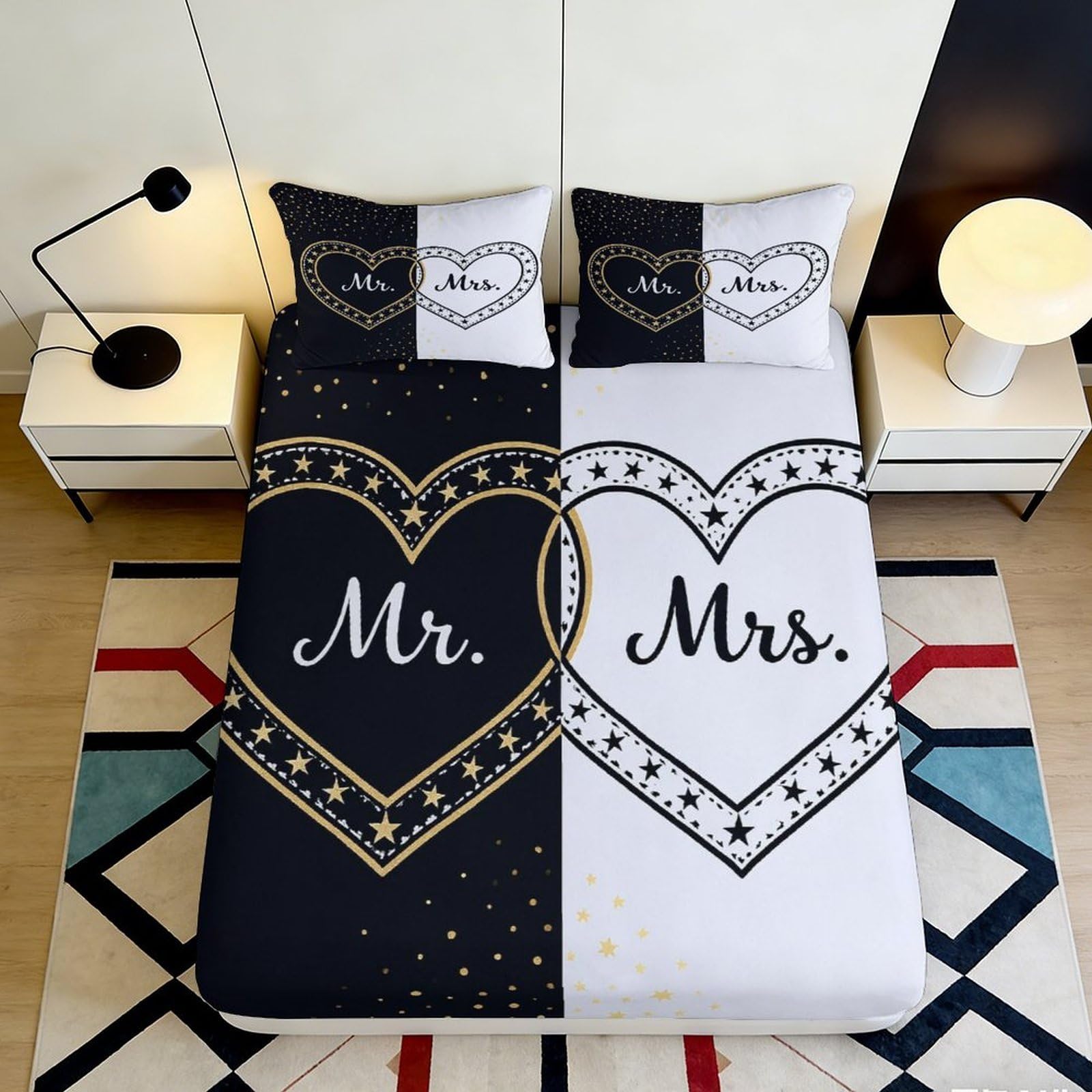 3D Printed Mr Mrs Heart Fitted Sheet Microfiber Soft Black White Bed Cover for Bedroom Guest Room Dorm Mattress Protection 90x200x25cm