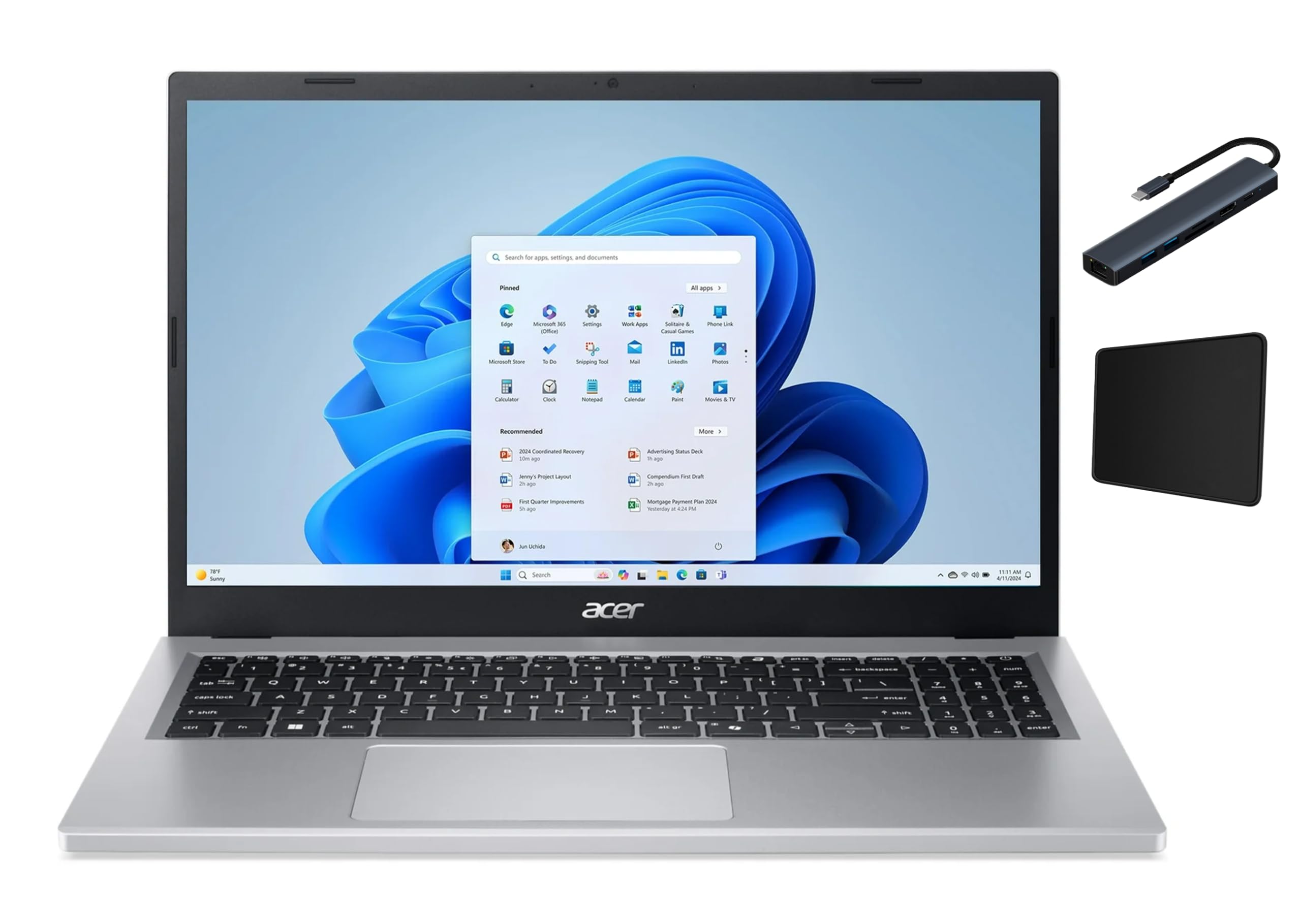 Aspire Go 15.6" FHD IPS Touch Screen Laptop, AMD Ryzen 5-7520U, 8GB RAM, 512GB SSD, Pure Silver, Wi-Fi, Bluetooth, Copilot AI, Windows 11 Home with TGY Accessories