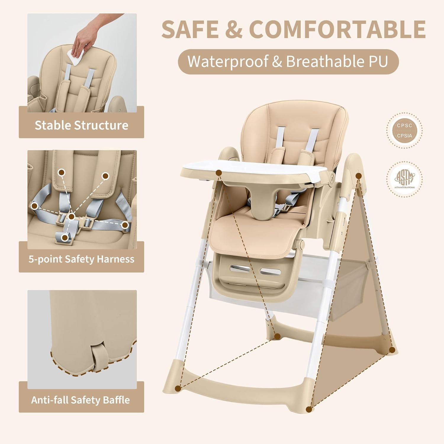 Baby High Chair, Foldable Portable Highchair for Infants & Toddlers, 7-Height Adjustable, 4-Position Backrest, 3-Level Footrest, Removable Tray, 5-Point Harness & PU Leather Cushion, for 6-36 Months
