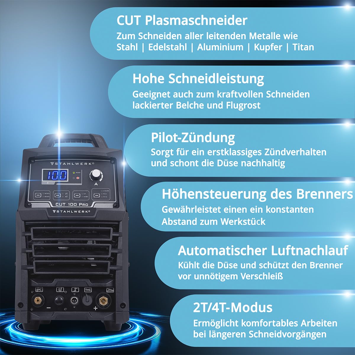 STAHLWERK Plasmaschneider CUT 100 Pro 100 A 44 mm Schneidleistung Pilotzündung Überhitzungsschutz