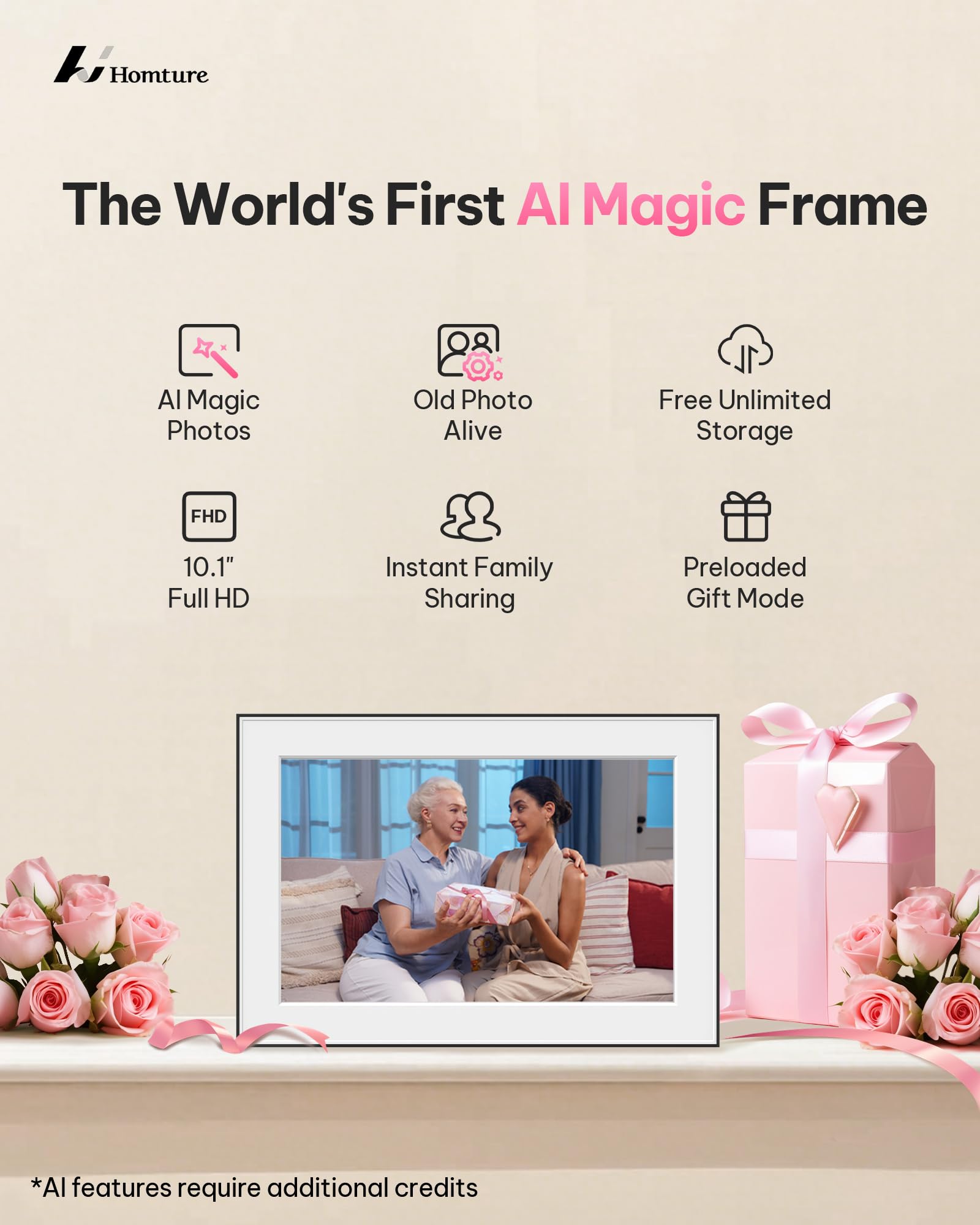 Magic Frame [AI Photo to Video] – 10.1" FHD WiFi Digital Picture Frame, AI Motion Sensor, Old Photo Alive, Unlimited Cloud Storage, Picture Share with APP, Touchscreen, Gift for Loved One