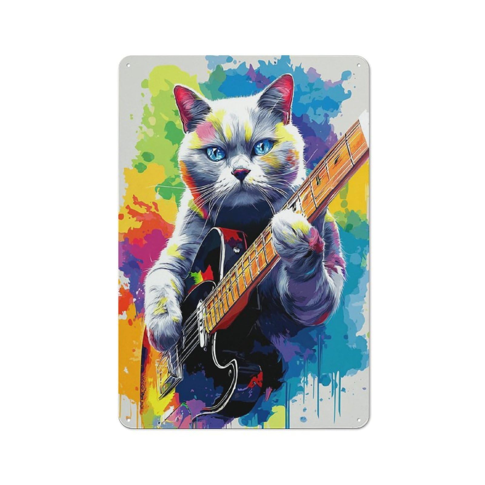 Junmoney Colorful Cat With Guitar Art Print Metal Sign 30X20cm With For Workshop Wall, Rustic Decor, Wall Decoration For Workshops And Hobby Rooms