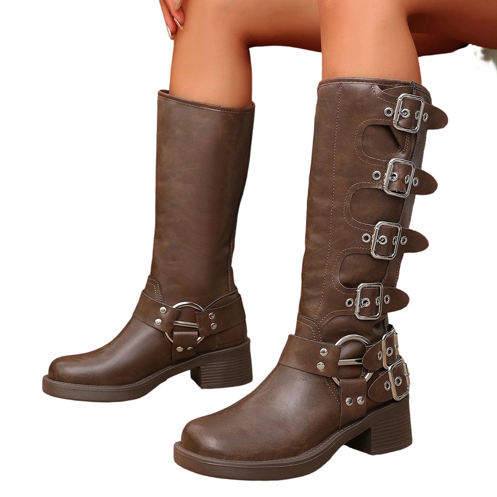 Botas de Invierno Mujer Botas Altas con Hebilla de cinturón, Vaqueras tacón Grueso Moda para