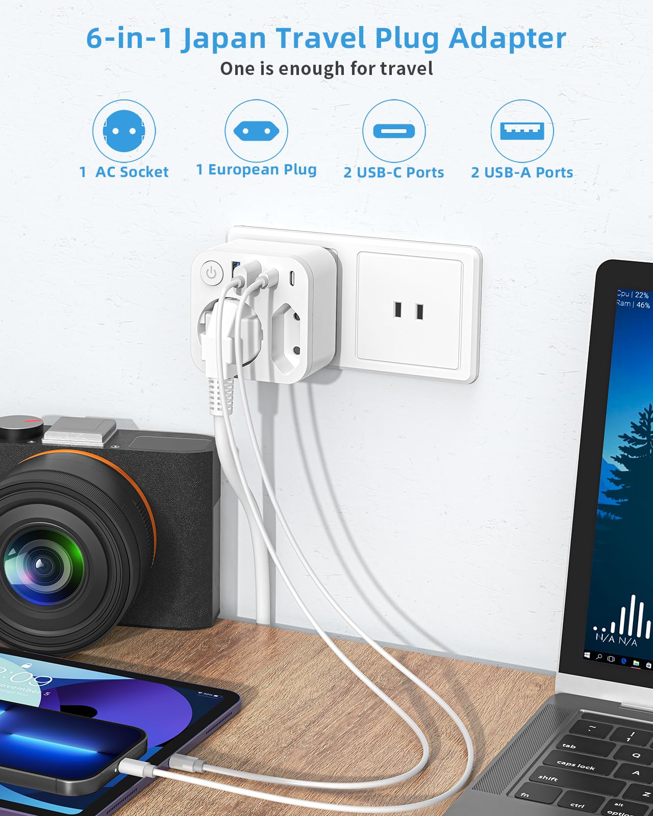 Connecteur de Voyage France Japon 4 Prises USB 2 USB-C Adaptateur Schuko Type A États-Unis Canada Blanc