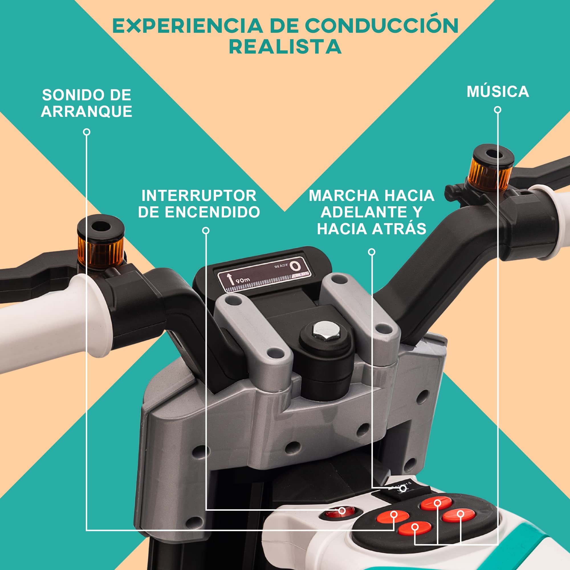 HOMCOM Moto Eléctrica para Niños de 3-5 Años 86x44x58 cm Negro y Blanco | Moto de Batería 6V, Faros, Música, Bocina, Velocidad 3 km/h, Avance Retroceso, Ruedas Auxiliares, Carga 25 kg