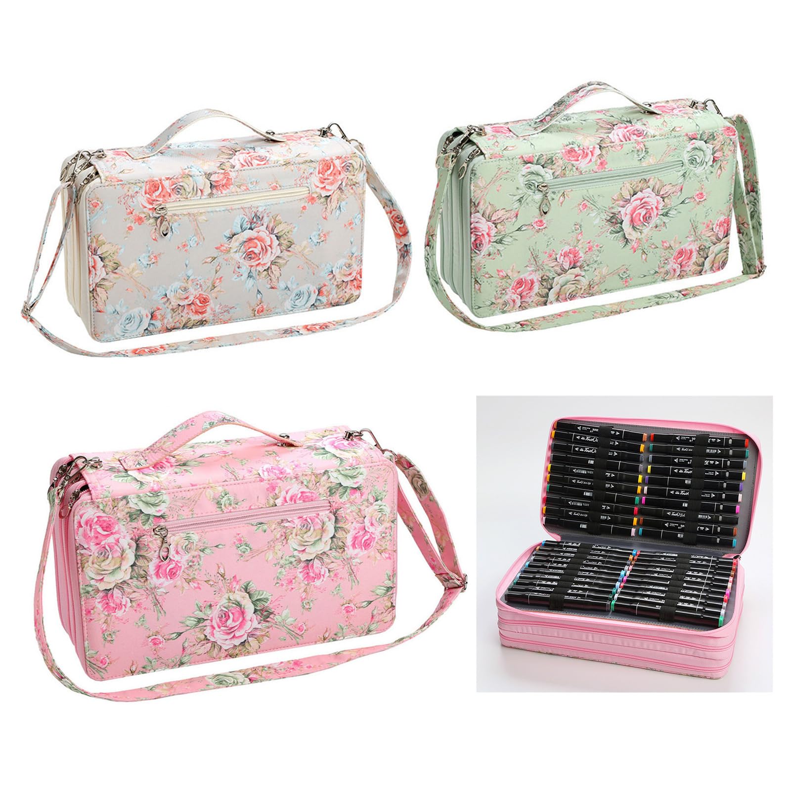 Custodia in pelle con 120 scomparti per pennarelli con tracolla, grande capacità, multistrato, borsa per il trasporto, per pennelli da pittura, acquerelli, matite, A