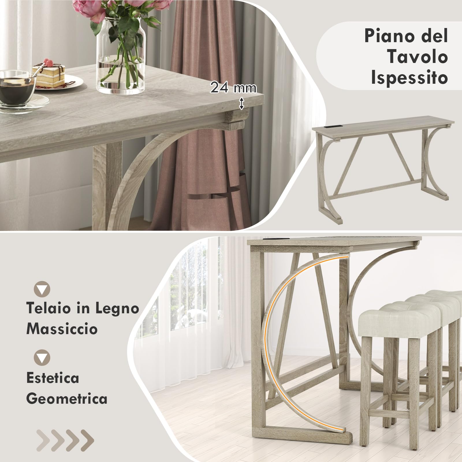 RELAX4LIFE Set di Tavolo e 3 Sgabelli da Bar, Tavolo da Pranzo in Legno di Gomma con Stazione di Ricarica Integrata, Stile Fattoria, Set di Tavolo da Pranzo, 150x48x92cm