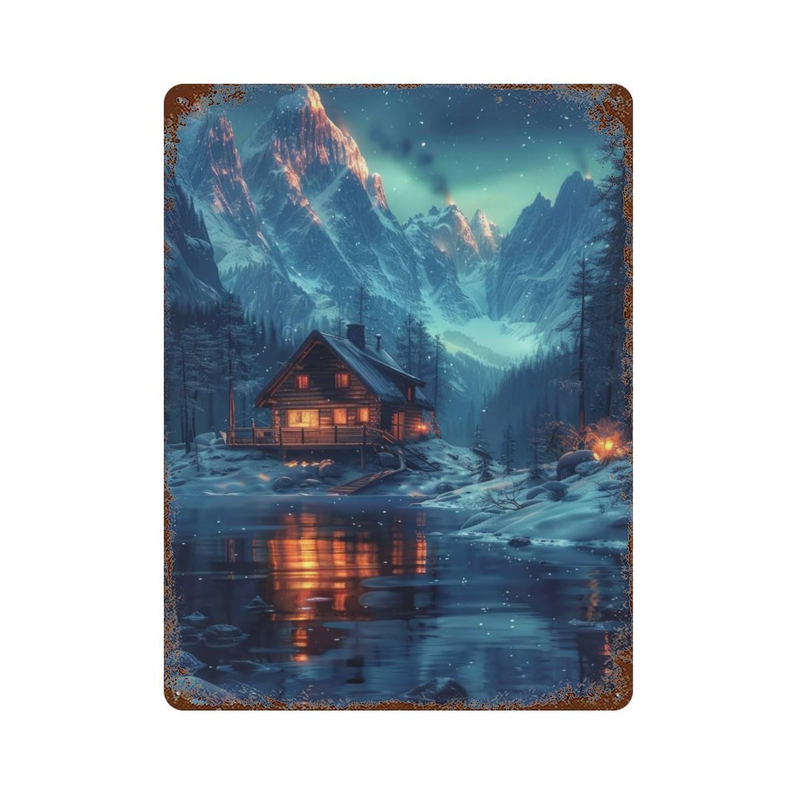 Rusty Metal Tin Sign Snowy Nature Aurora Cabin 15.7"x11.8", Industrial Home Decor for Patio, Garden Room And Bar Decor