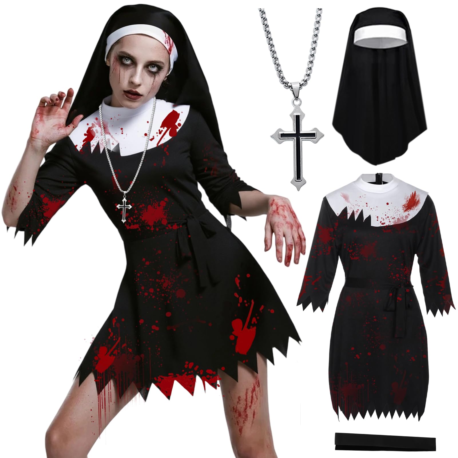 Meriviva Zombie Nun Costume for Women Scary Bloody Nun Costume Set including Black Dress Headpiece Cross Necklace Belt for Halloween Party Fancy Dress Up (M)