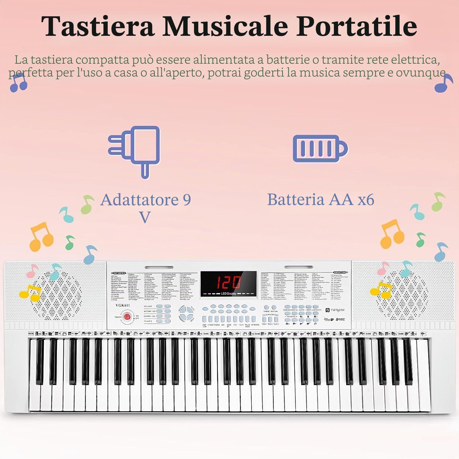 Vangoa tastiera pianola 61 mini tasti luminosi Tastiera per pianoforte elettronico con microfono, 3 modalità di insegnamento, 350 toni, 350 ritmi, 30 demo, bianco