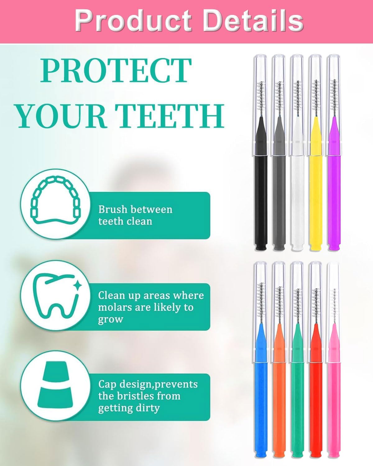50 Pezzi Scovolini Interdentali,Scovolino per Pulizia Denti con Coperchio per Apparecchi Dentali,Scovolino Denti Morbido per Pulizia Interdentale,L'Igiene Orale(10 Colori)