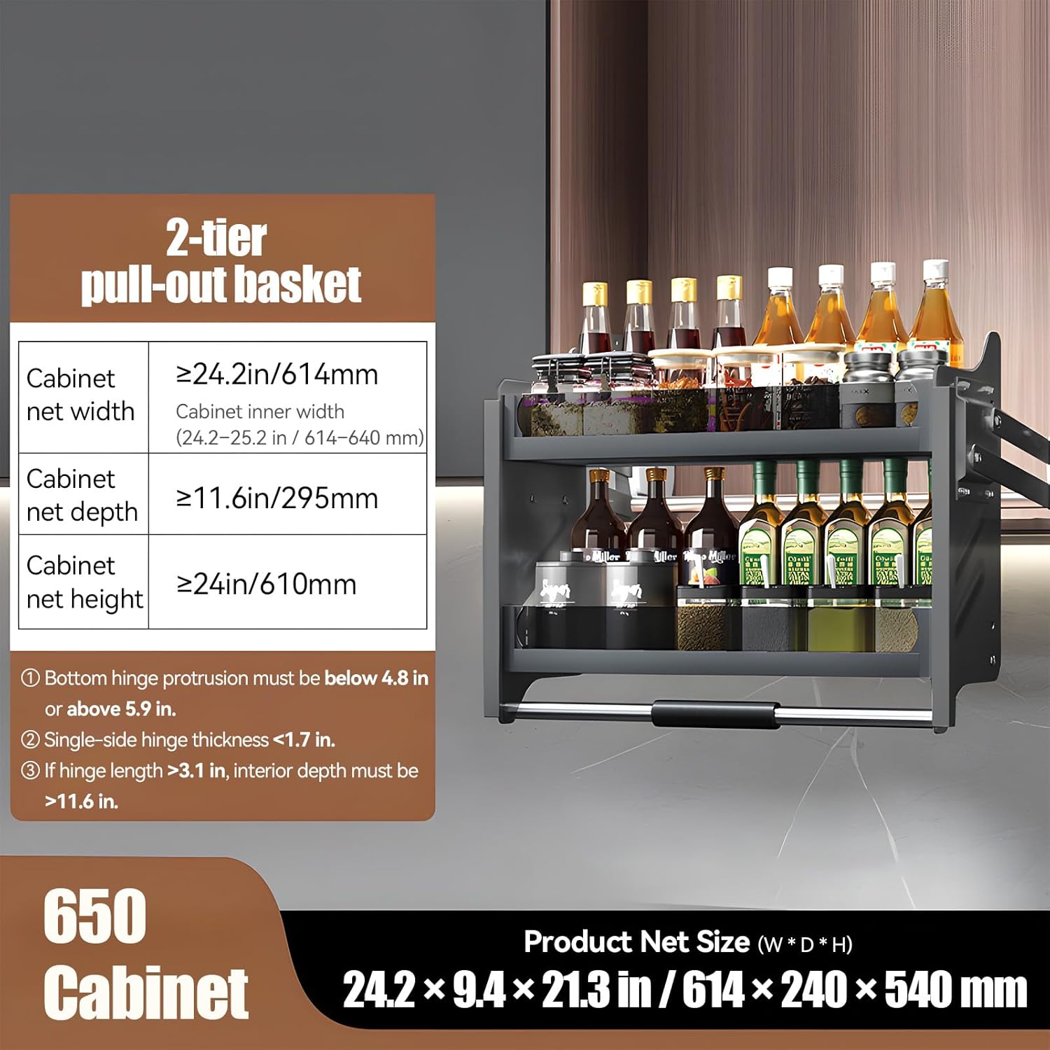 3-Tier Pull Down Cabinet Organizer – Adjustable Width Heavy-Duty Shelf for Upper Kitchen Cabinets, Lift Basket for Spices, Dishes & Bottles(2-Tier,Cabinet-650)