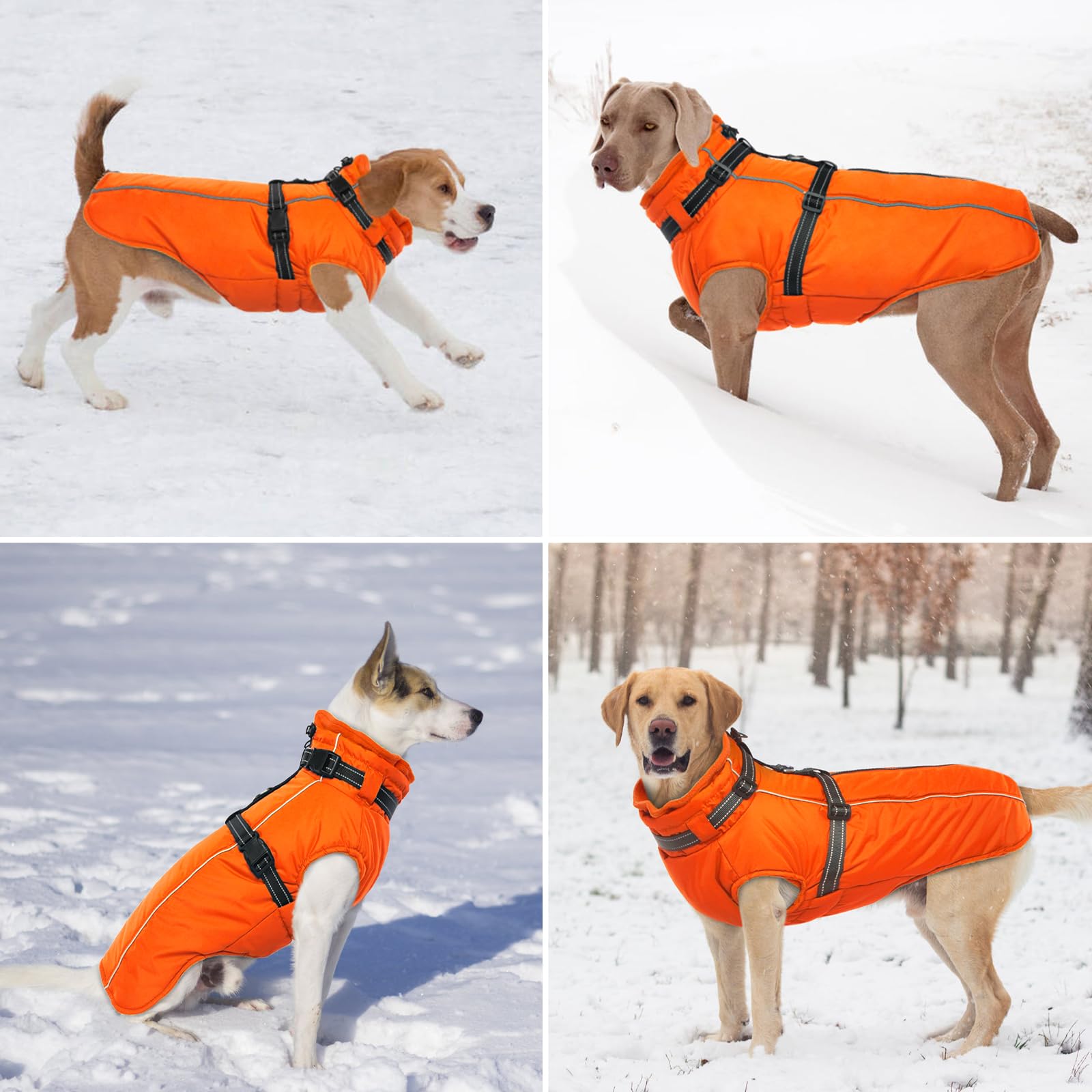 Lelepet Hundemantel für den Winter, Warme Hundejacke mit integriertem Geschirr, Winddicht Mantel mit Fleece Gefüttert für Hunde, Reflektierende Hundeweste für Kaltes Wetter, Orange 3XL