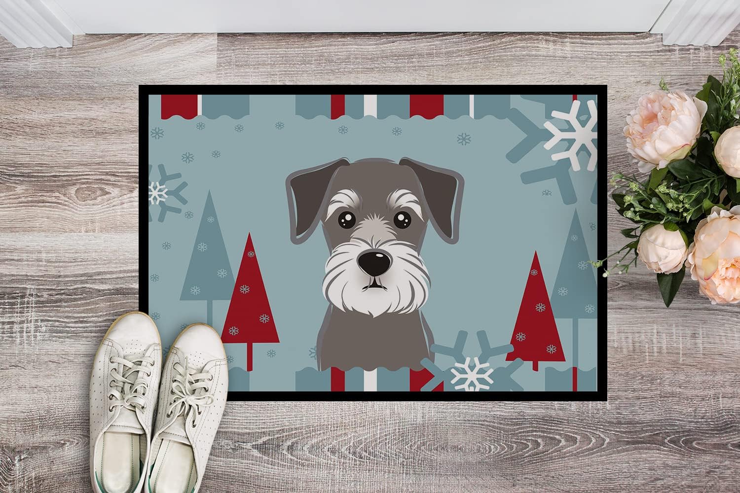 Caroline's Treasures BB1702MAT Winter Holiday Schnauzer Doormat 18x27 Front Door Mat Indoor Outdoor Rugs for Entryway, Non Slip Washable Low Pile, 18H X 27W