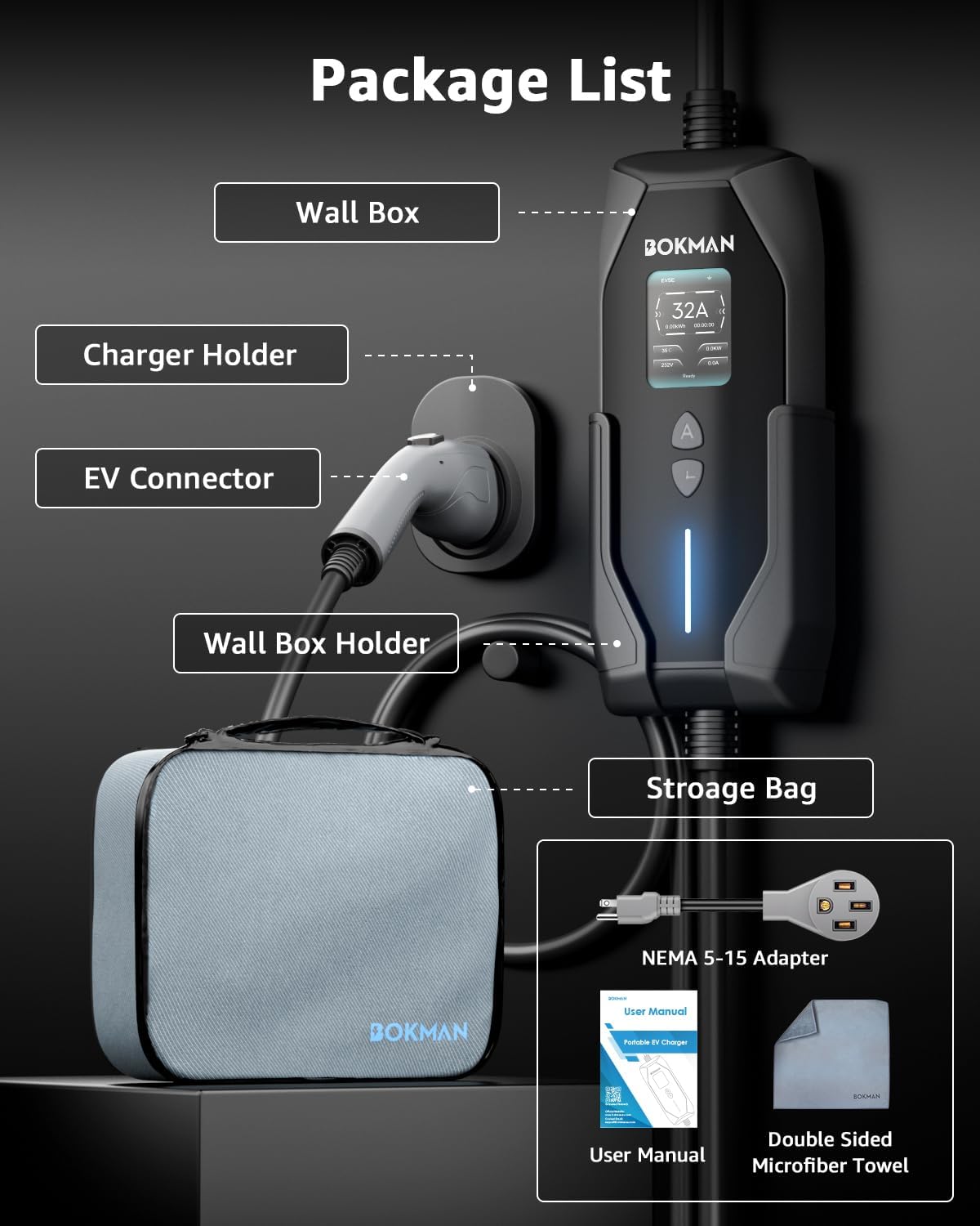 bokman Portable Level 2 & Level 1 EV Charger (240V, 32A), 25ft Cable and NEMA 14-50 Plug and NEMA 5-15 Adapter for Household Socket, Current Adjustable 6-32Amp (J1772 Connector)