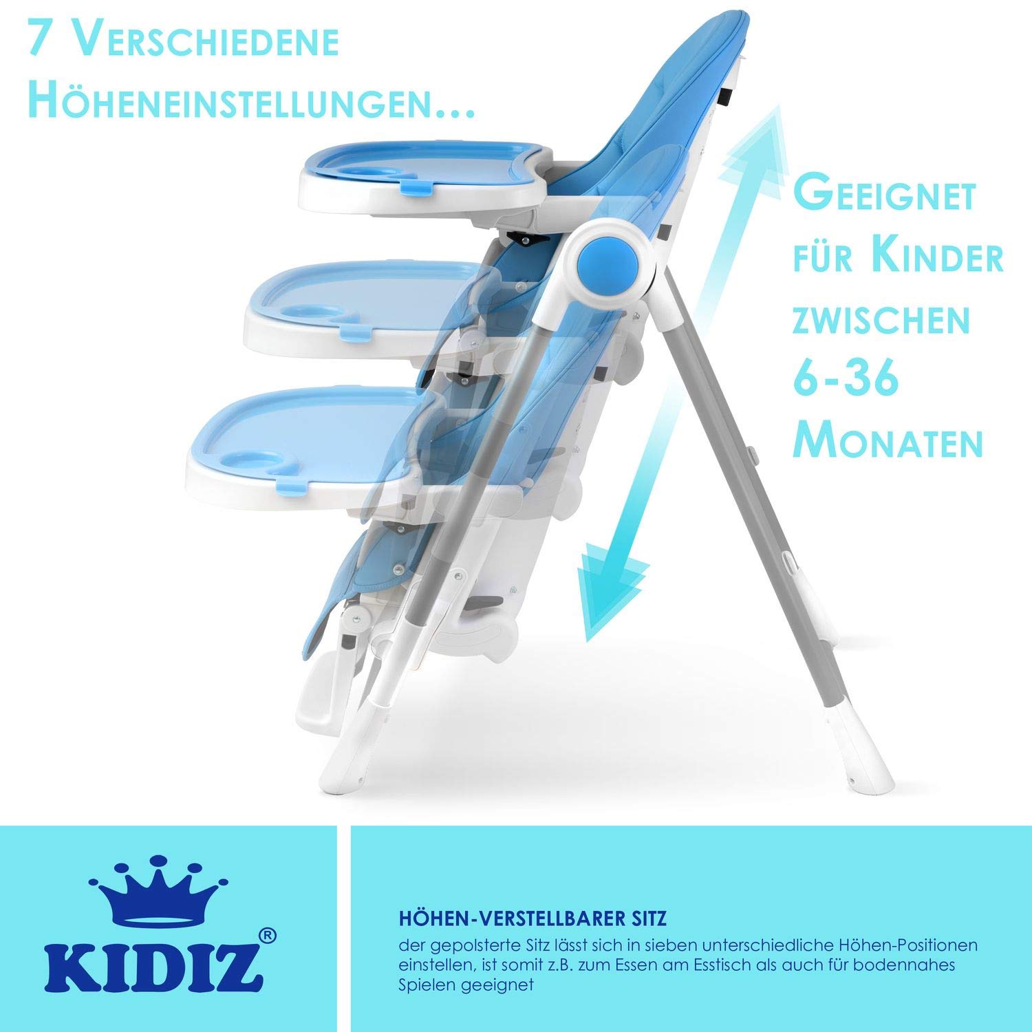 KIDIZ® 3 in 1 Seggiolone Seggiolone per bambini con barra dei giochi, Lettino per bambini, Seggiolone combinato Seggiolone per bambini, Schienale regolabile in 7 diverse altezze, blu