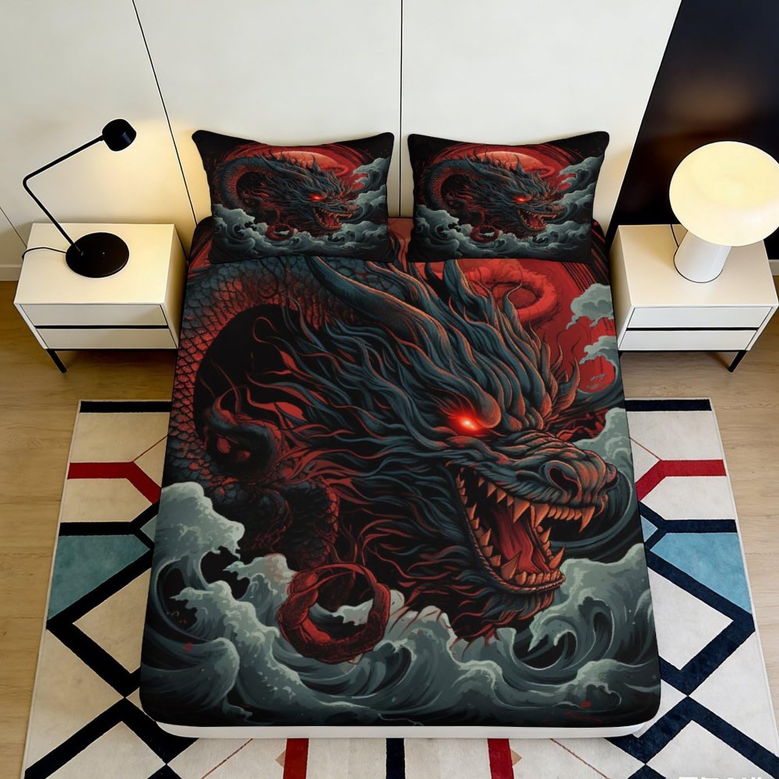 3D Printed Black Dragon Fitted Sheet Microfiber Soft Red Cloud Bed Cover for Bedroom Guest Room Dorm Decor 90x200x25cm