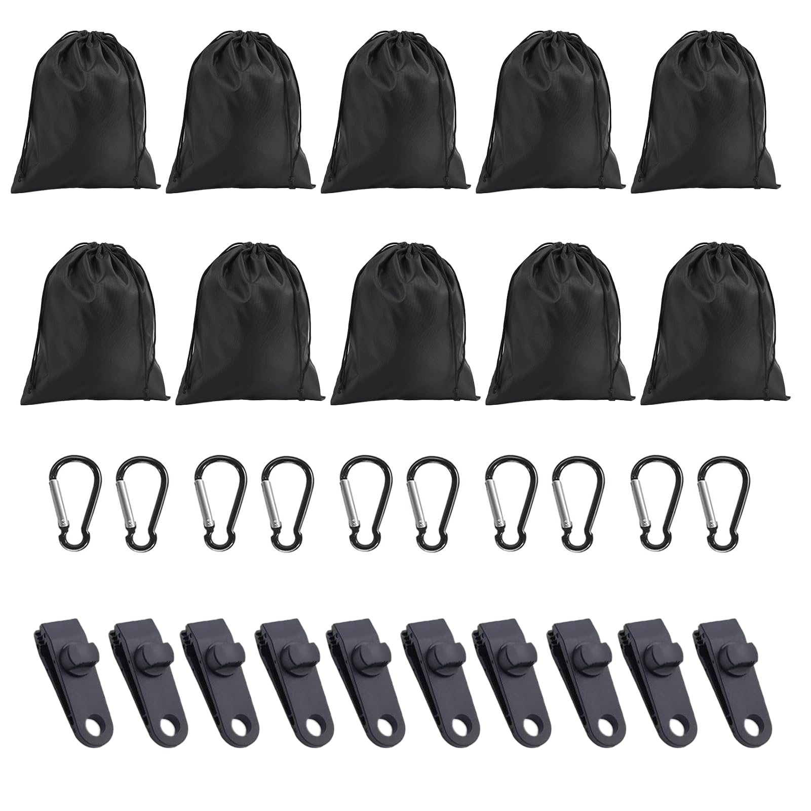 10 sacchetti per pesi resistenti al vento con 10 moschettoni e clip – Riempimento flessibile, fissaggio senza attrezzi per tovaglie, tende, giardino, campeggio (10 pezzi)