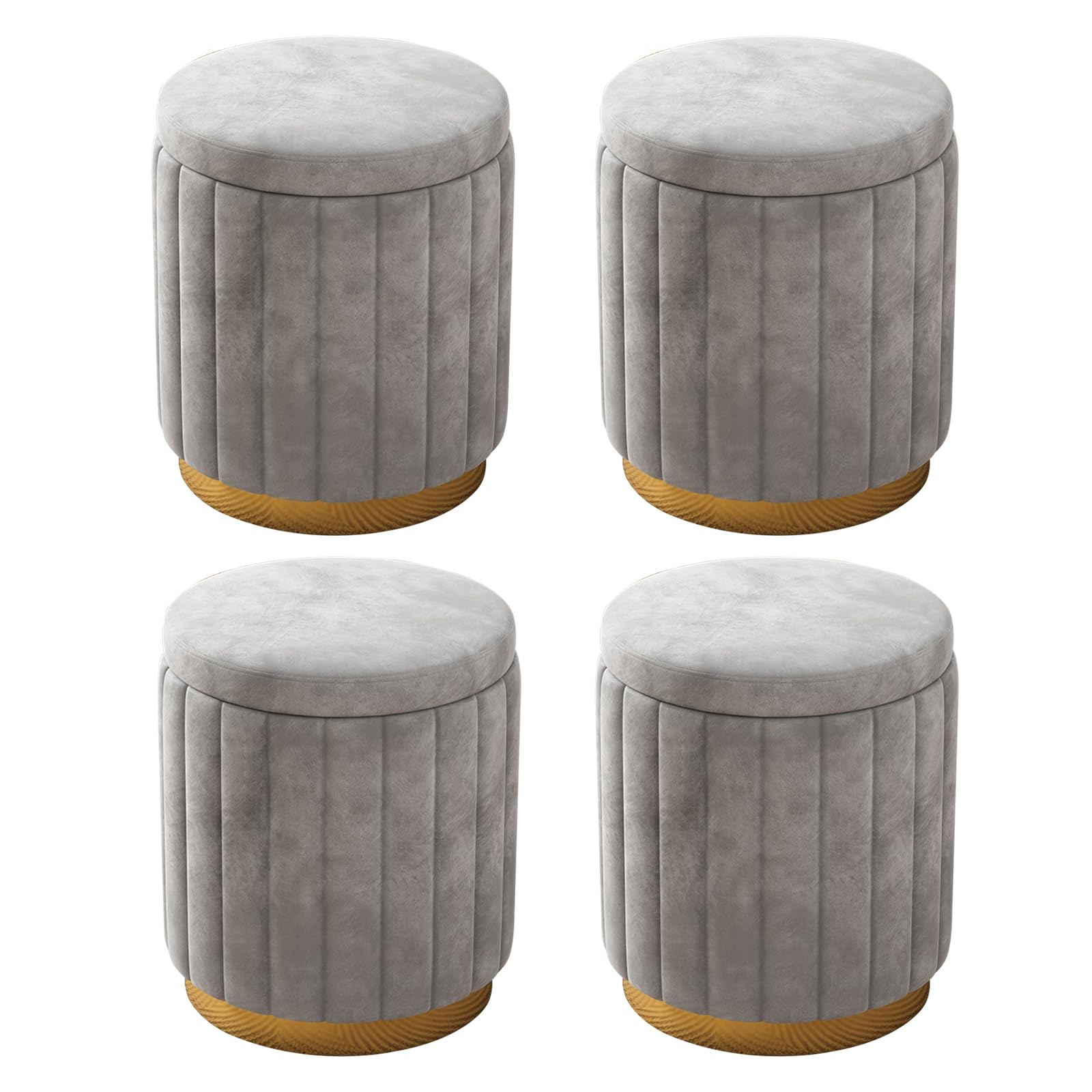 Pouf rotondo con contenitore, set di 2 sgabelli imbottiti in velluto con base in metallo, sgabelli moderni per camera da letto, soggiorno, mobili per la casa (set da 4, grigio)
