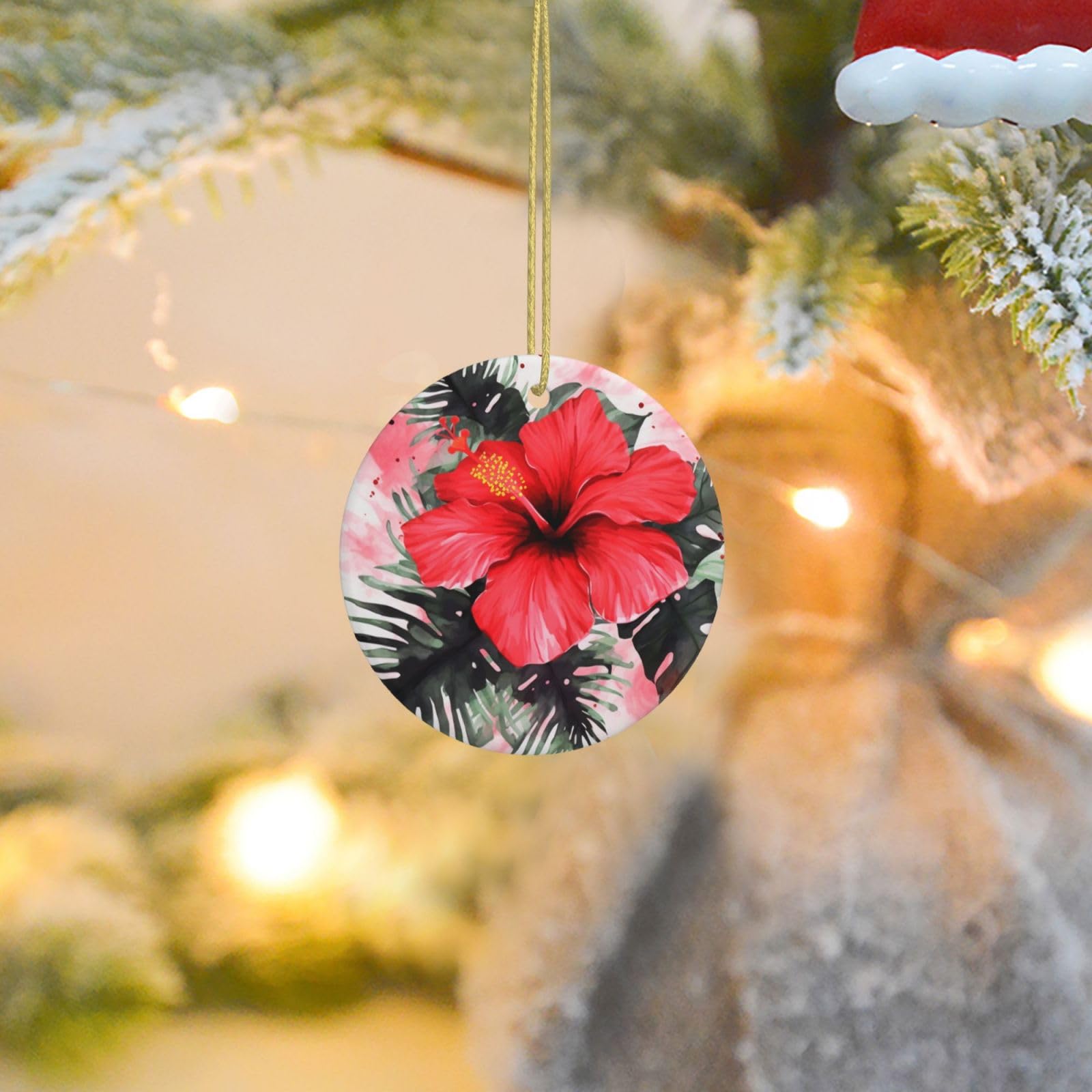 2025 Christmas Tree Decoration Hanging Round Ornament Red Hibiscus Ceramic Ornaments Christmas Tree Decorations Round Pendants for Xmas Tree Winter New Year Party Supplies