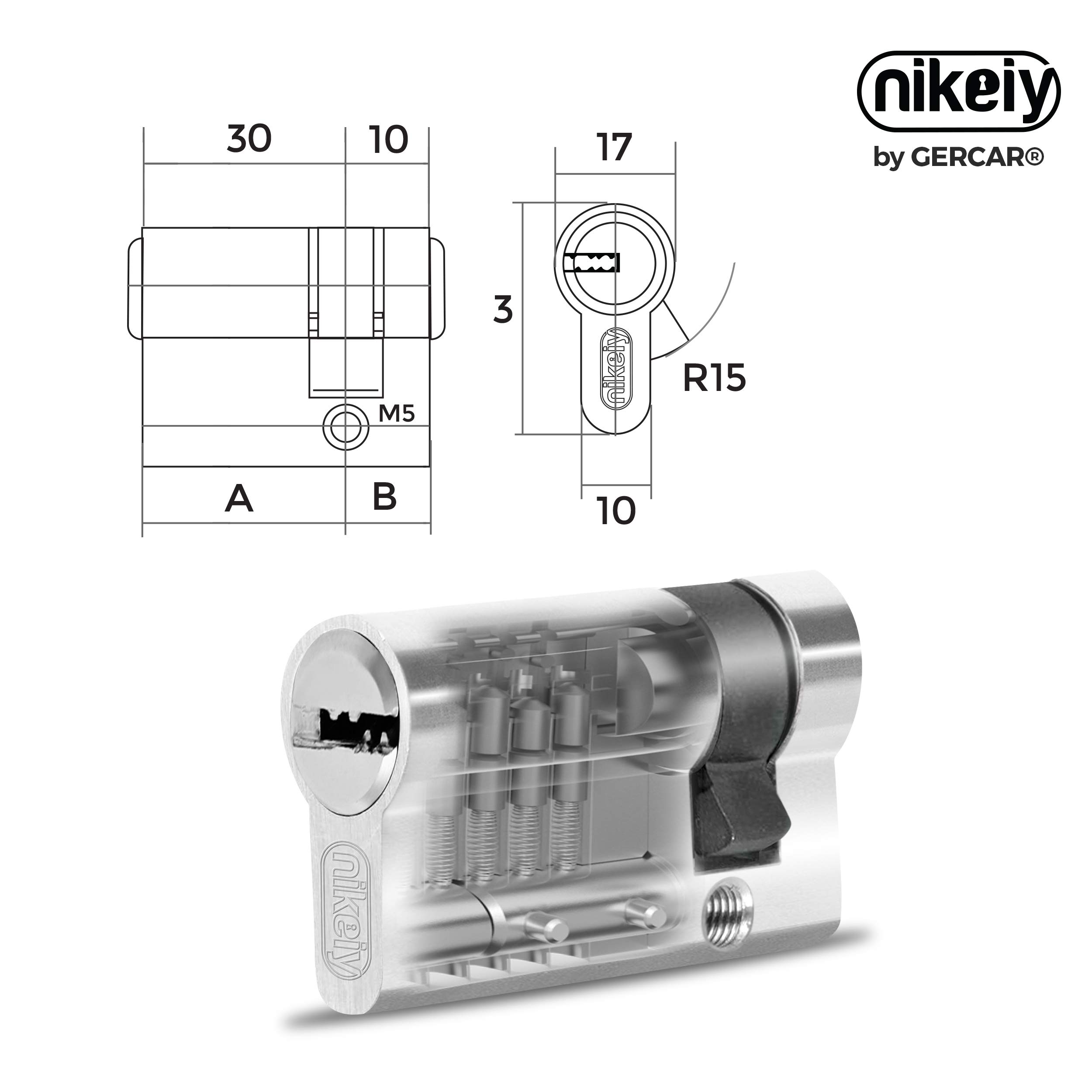 GERCAR Cilindro medio 10/30 con perfil, cilindro de cerradura, cerradura de cilindro, cerradura de puerta - incl. 5 llaves - Individual - Longitud: 40mm, A:10 B:30 - Juego de 1 unidad