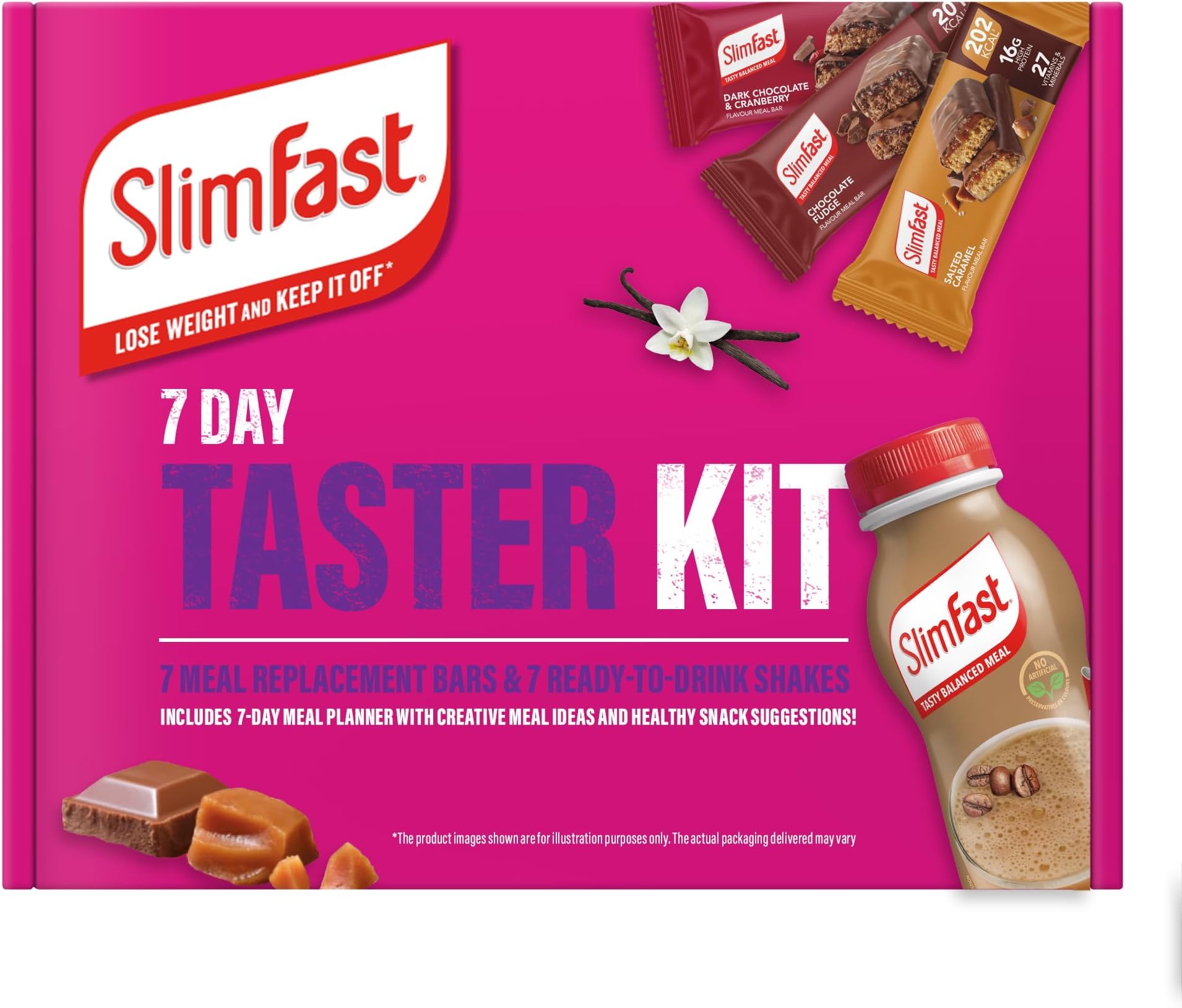 SlimFast 7-Day Taster Kit – 7 Meal Replacement Bars & 7 Ready-to-Drink Shakes, High Protein, High Fibre, 27 Vitamins & Minerals, 7-Day Meal Planner, Low-Calorie Snacks for Weight Management