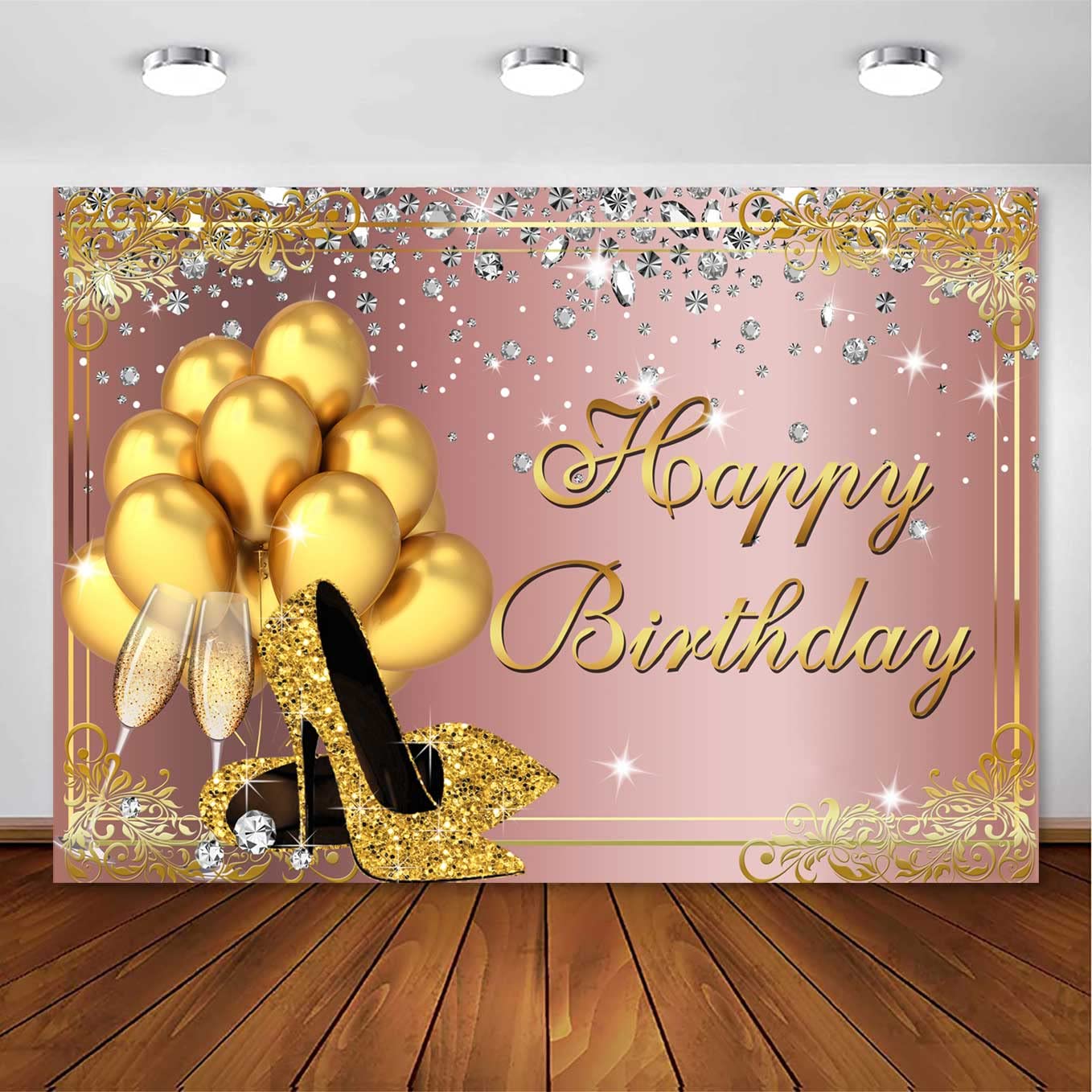 sunsfunBackdropsOnline Rose Gold Birthday Backdrop for Women Pink Happy Birthday Background Gold Balloons Diamond Shiny High Heels Decorations Banner for Party Photoshoot Props 7x5ft