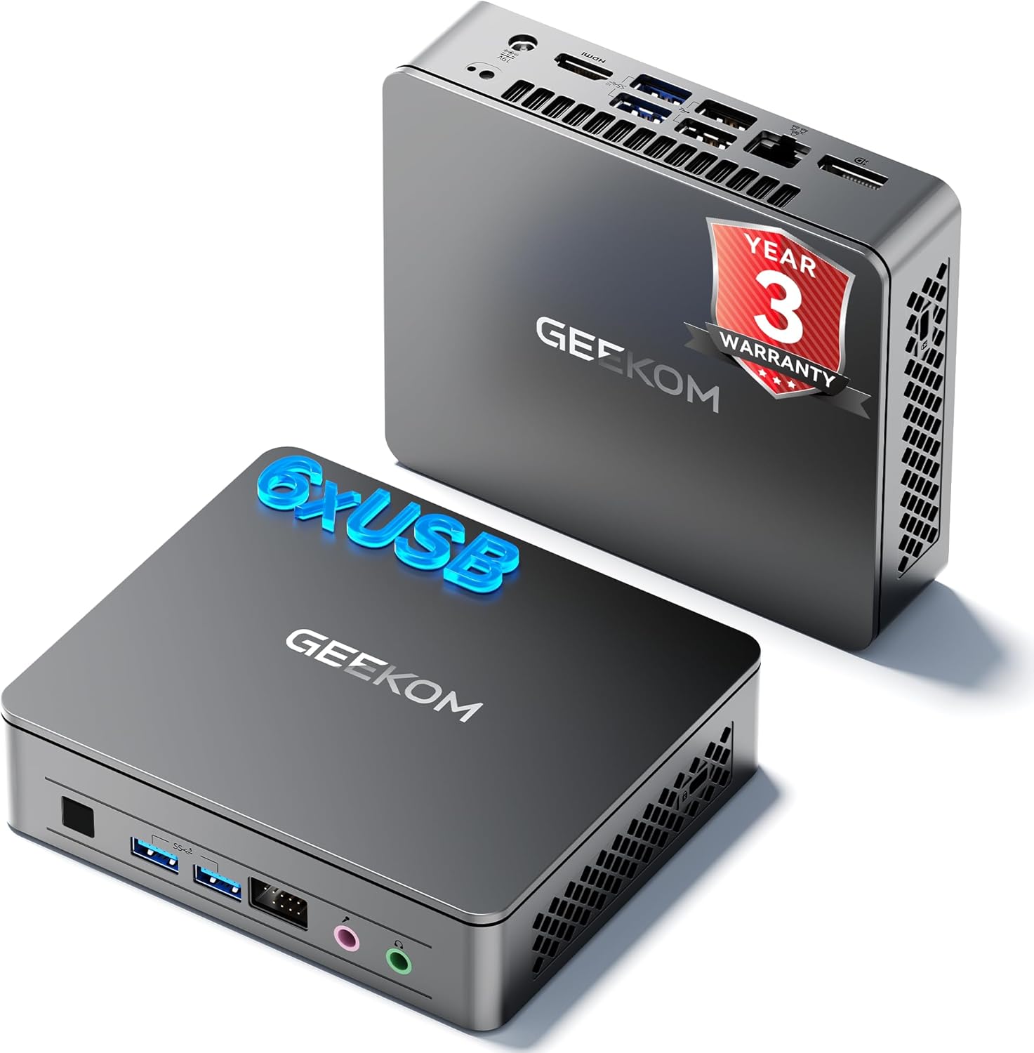 GEEKOM Air12 Lite Mini PC with a 3-year warranty sticker, showing its compact design and multiple USB ports