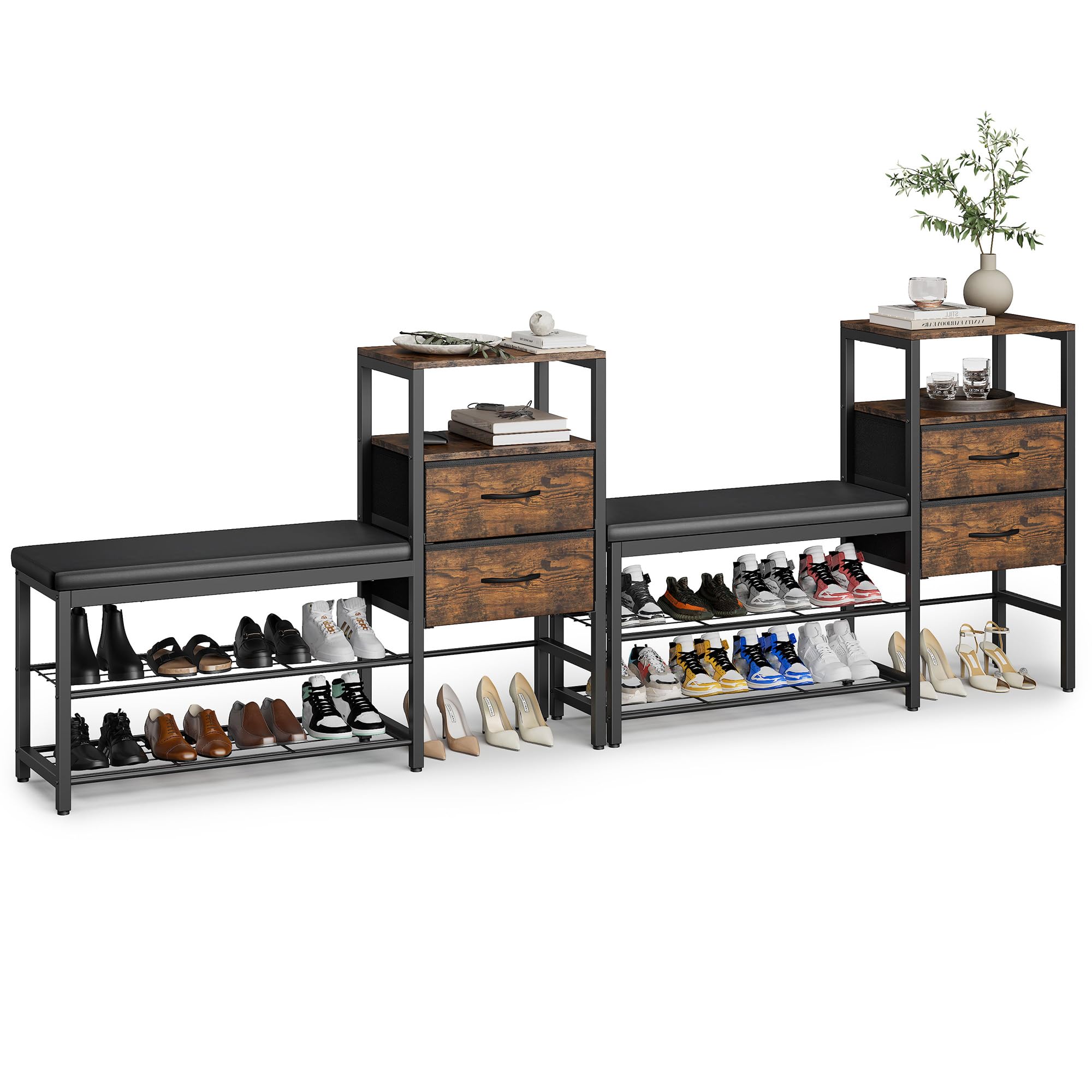 Gyfimoie Schuhschrank mit Sitzgelegenheit und Schublade, 2 Ebenen Schuhregal, Metallrahmen für Eingang Flur