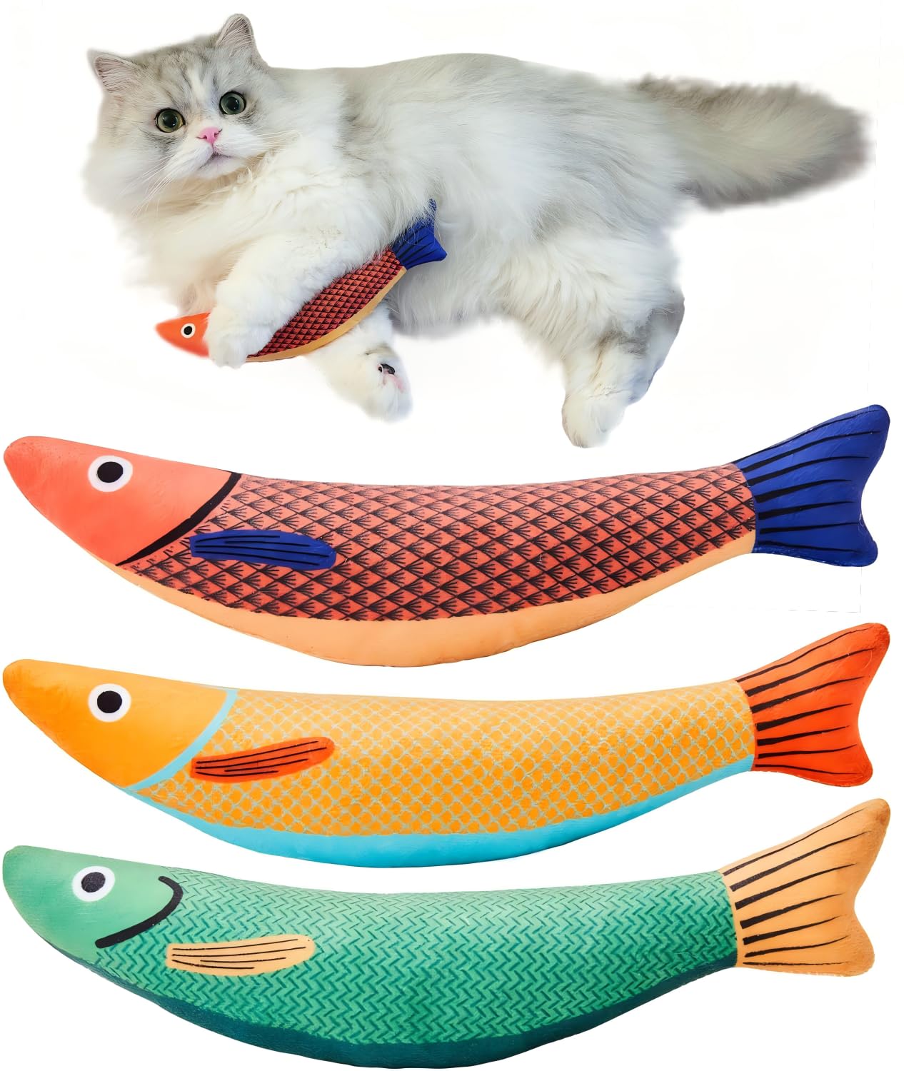 PELUDOS 3 Pack Cat Toys Saury Fish with Catnip, Crinkle Sound & Soft Plush - 9.5 Inch Interactive Kicker Toys for Indoor Cats, Kitten Chew Toys for All Breeds (Durable & Fun Play)