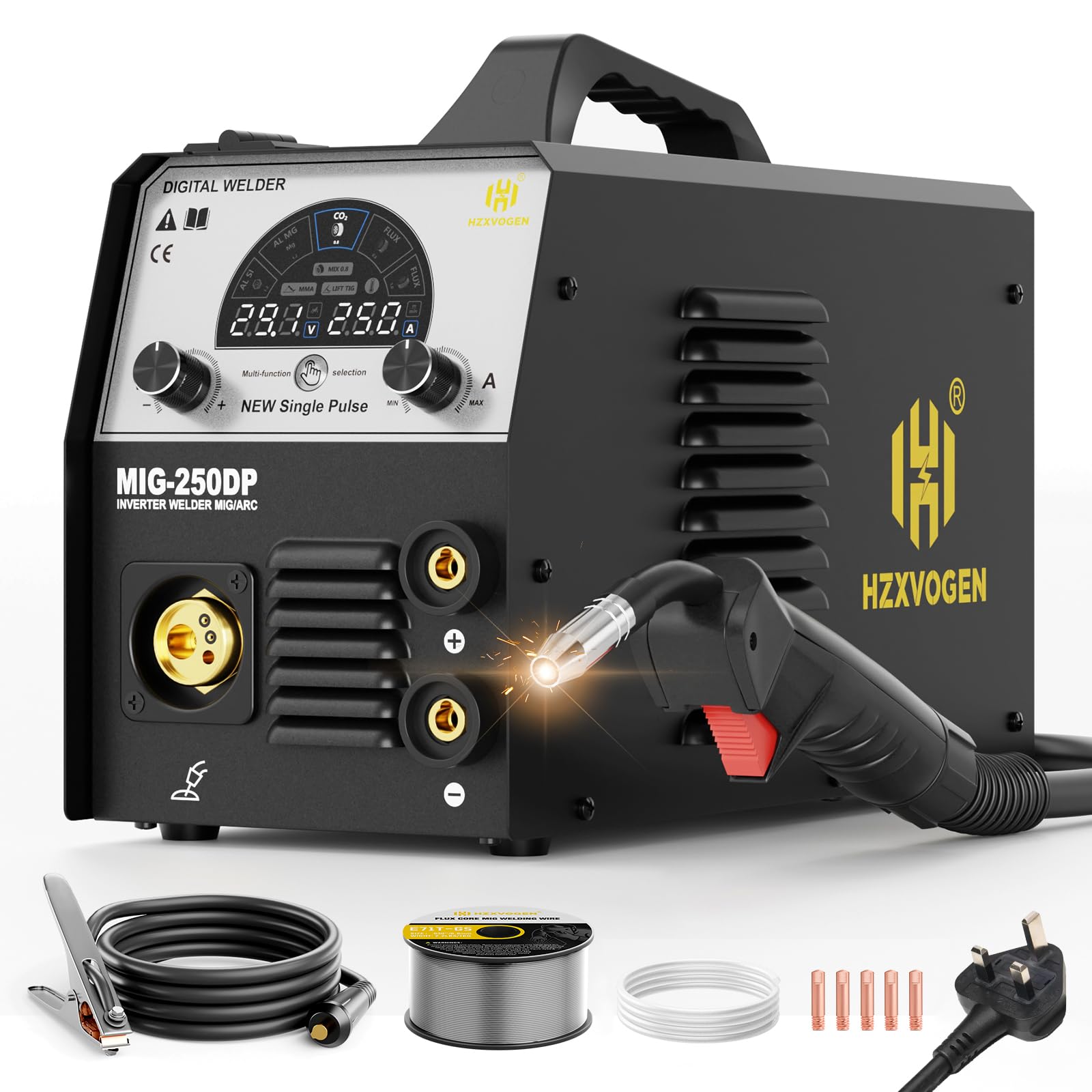 H HZXVOGEN 250A Aluminium Welding Machine, 240V 5 in 1 Professional Welder with Gas/Flux Core MIG/ARC/Lift TIG/Pulse, Synergic Control for Farm, DIY, IGBT Inverter Welder with LED Display, MIG250DP