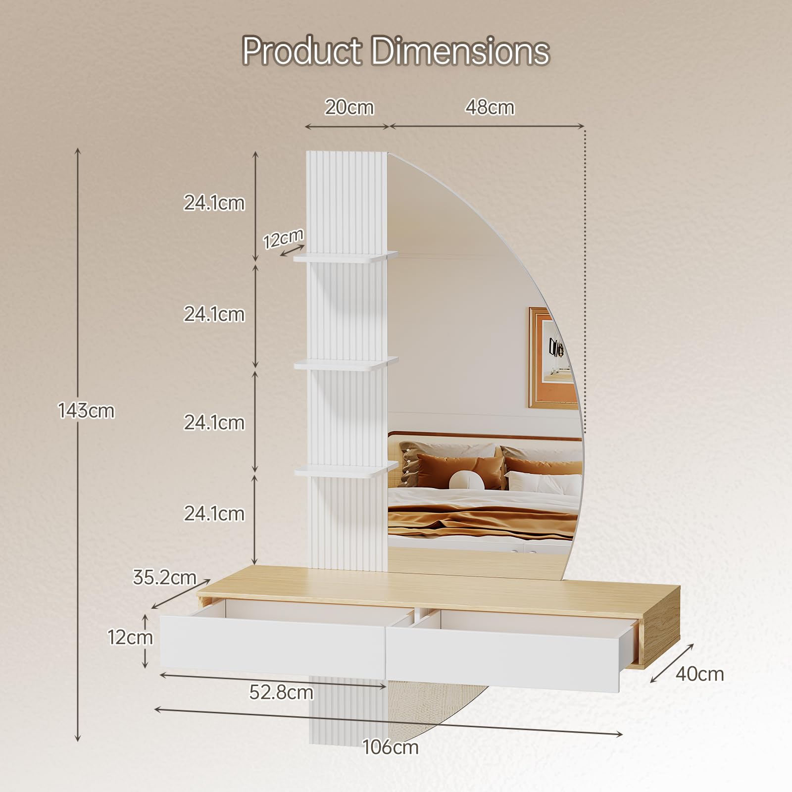 TRIUMPHKEY Tocador de Pared con Espejo en Forma de Media Luna, Mesa de Maquillaje Flotante con Luces LED Regulables, 2 Cajones y 3 Estantes, Ahorra Espacio para Dormitorio (Blanco)