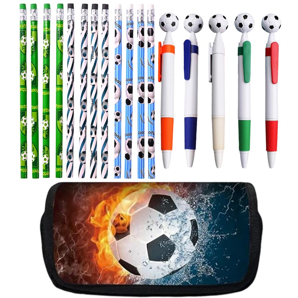 Pencil Cases Water and Fire Football, Soccer Pens, Football Pencils for School Office Supplies, Large Pencil Bag with Double Zipper, Pencils for Kids, Ballpoint Pen, Football Stationery Set For Soccer