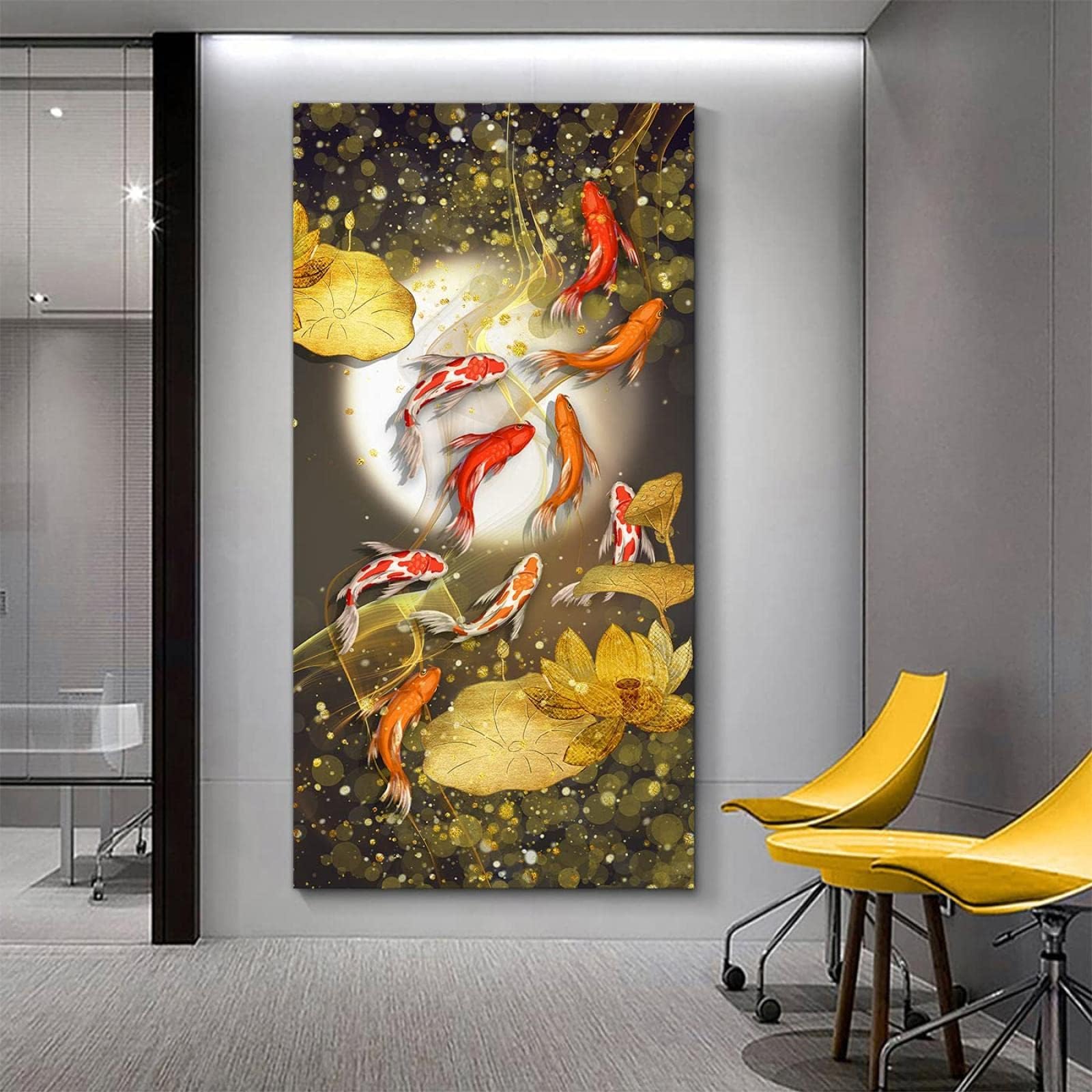 DHFGHFJ Cuadro decorativo de estilo nórdico moderno: Loto y nueve peces koi – Arte para la pared del dormitorio (70x140cm/Sin marco)