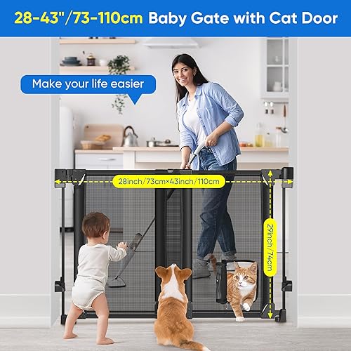 Miniatura 5 de Puerta de bebé mejorada de 28 a 43 pulgadas, sin barra inferior, puerta de perro de montaje de hardware resistente con puerta de gato, puerta