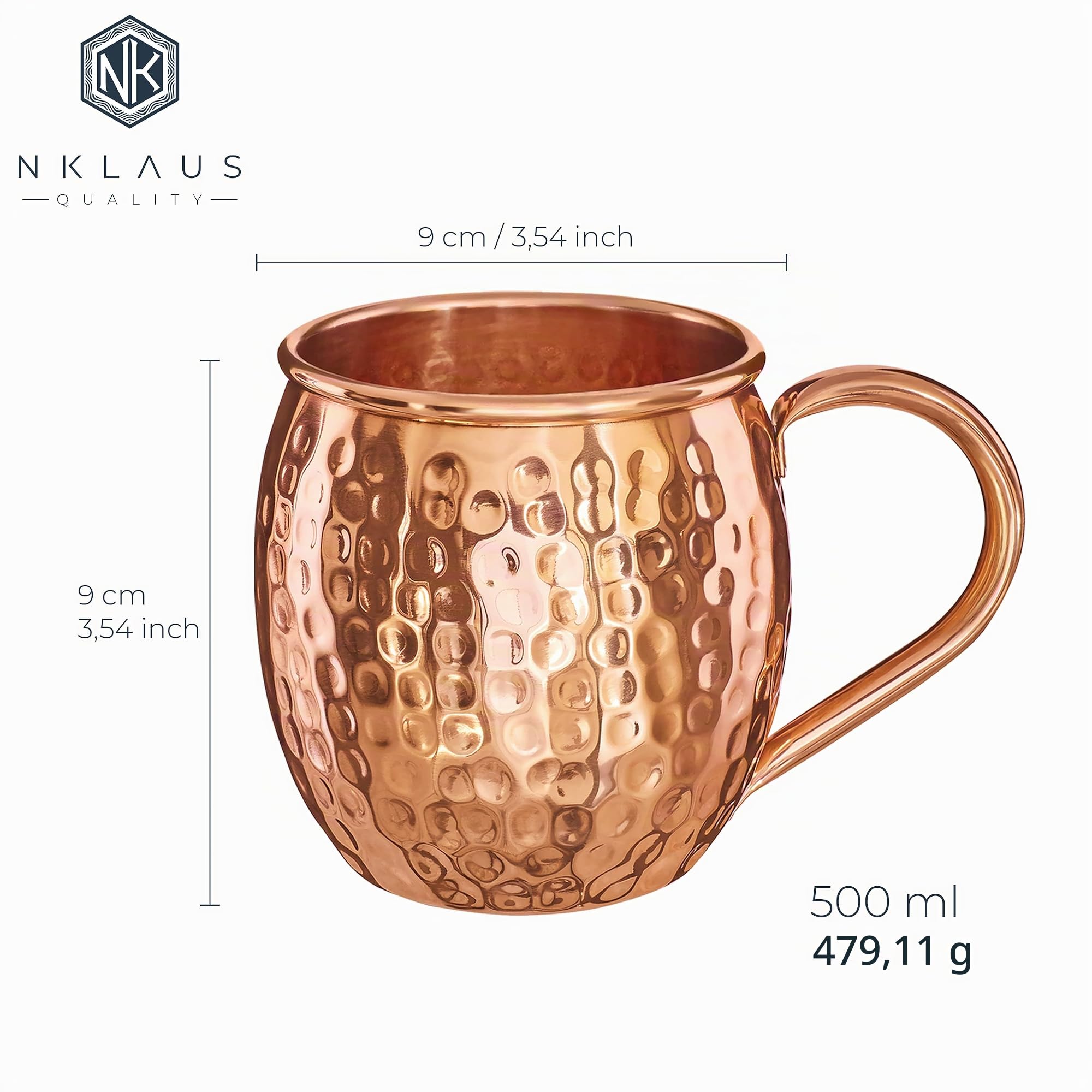 NKlaus Kupferbecher Ayurveda aus reinem Kupfer für Wasser, 500 ml, 4 Stück | Gehämmerte Moscow-Mule-Kupfertasse mit Handgriff; Handarbeit, je 9 x 9 cm und 140 g, lebensmittelechte Oberfläche