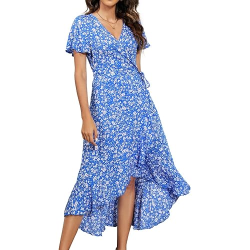 Naggoo Women's Summer Wrap Floral V Neck Ruffle Short Sleeve Beach Midi Dress