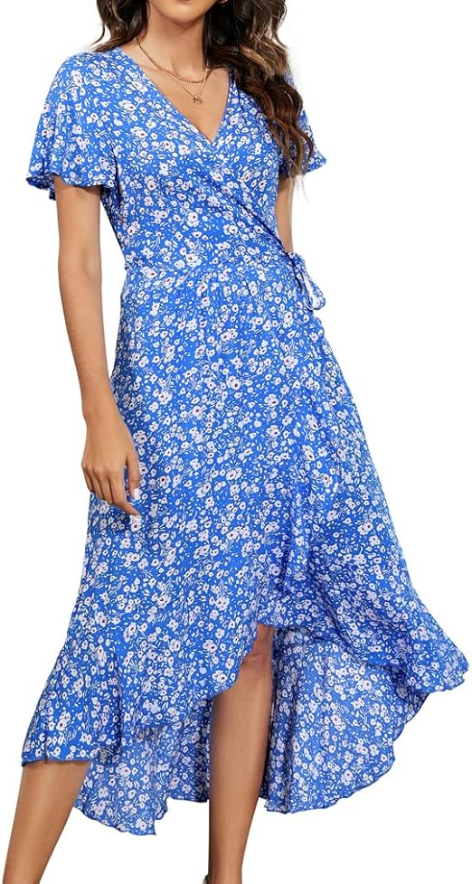 Naggoo Women's Summer Wrap Floral V Neck Ruffle Short Sleeve Beach Midi