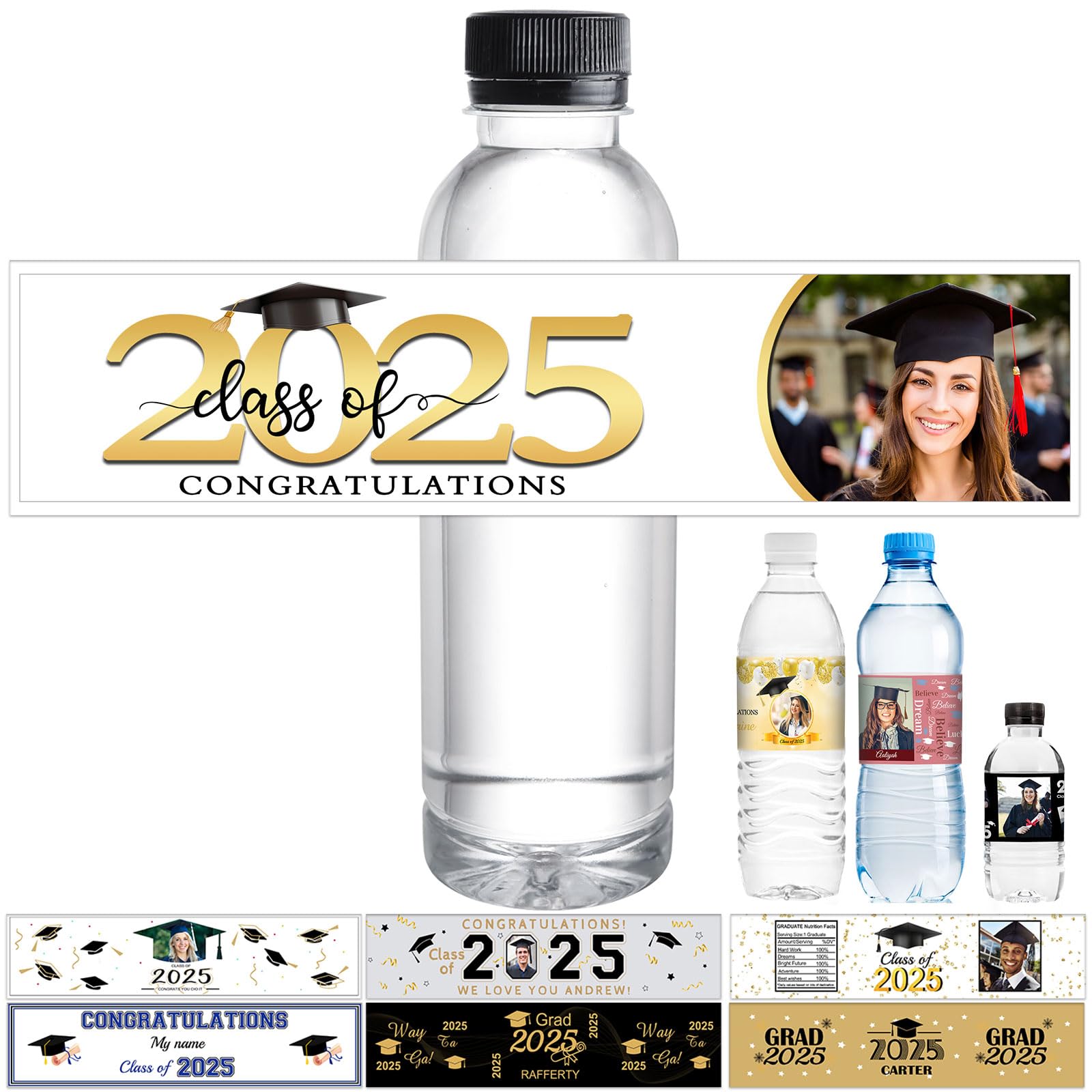 Personalized Graduation Water Bottle Labels,Class of 2025 Labels with Photo Image for Water Bottles,Custom Wrapper Stickers Waterproof Graduation