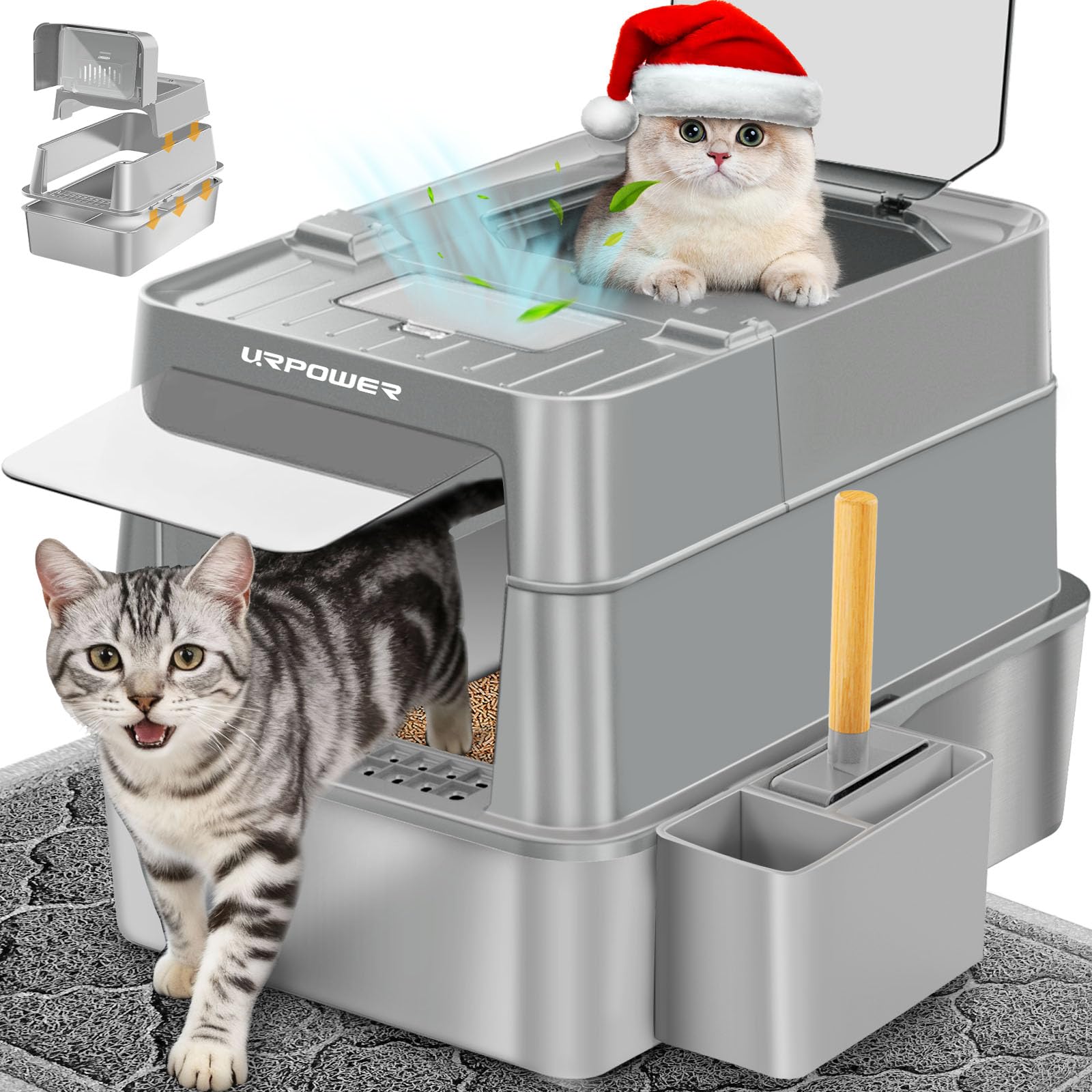 URPOWER Stainless Steel Cat Litter Box with Lid 110° Flip-Top Extra Large Enclosed Litter Box Non-Sticky Metal Pan with High Sided & Scoop, Odor Free,