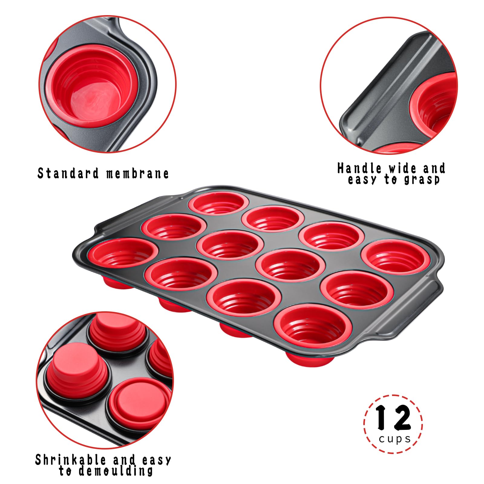 12-Cupcake-Form, Cupcake-Form, faltbare Silikon-Muffinform, Silikon-Cupcake-Formen zum Backen (Rot, 12)