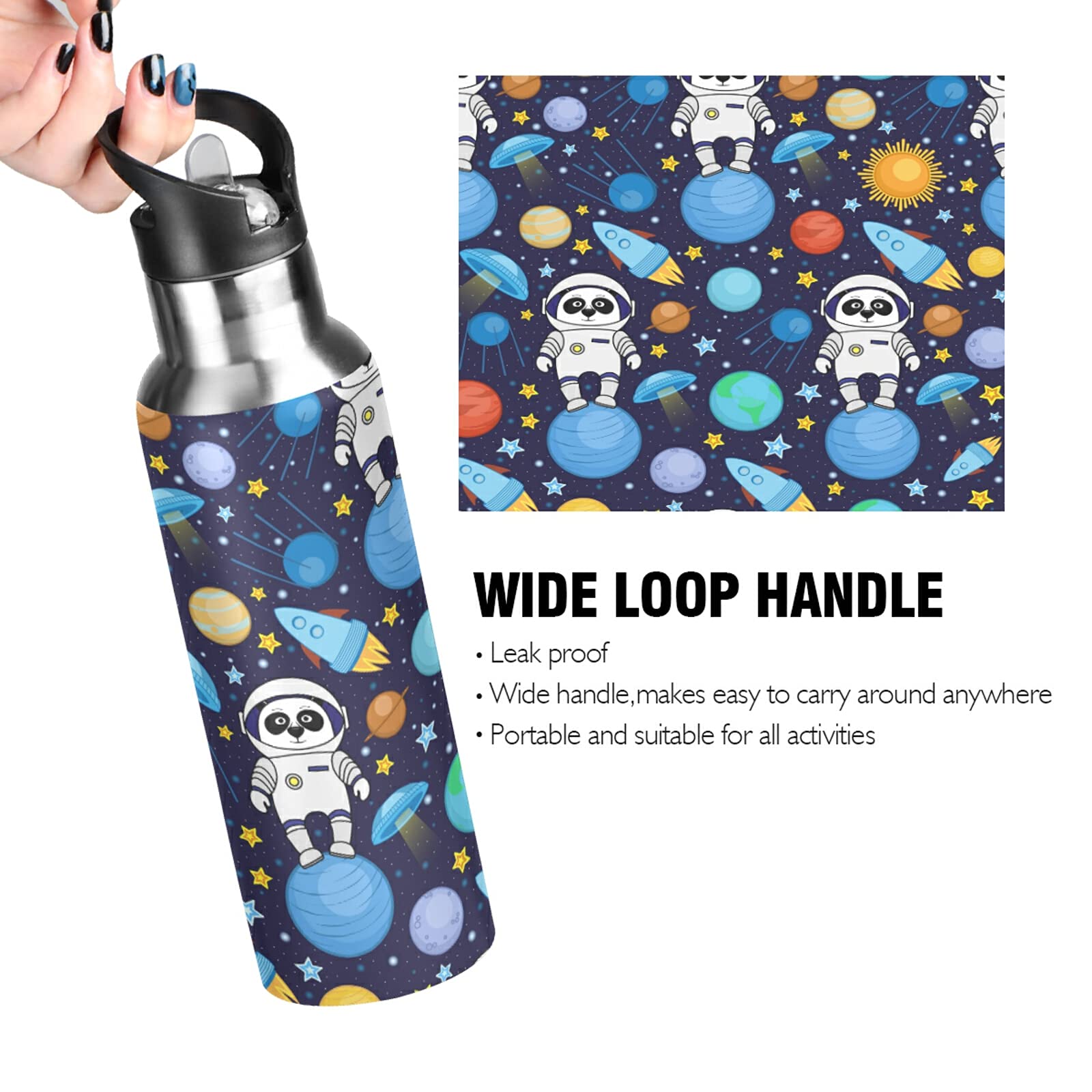 Panda Isolierte Edelstahl-Wasserflasche – 600 Ml, Auslaufsicher Mit Strohhalm, Für Sport & Outdoor