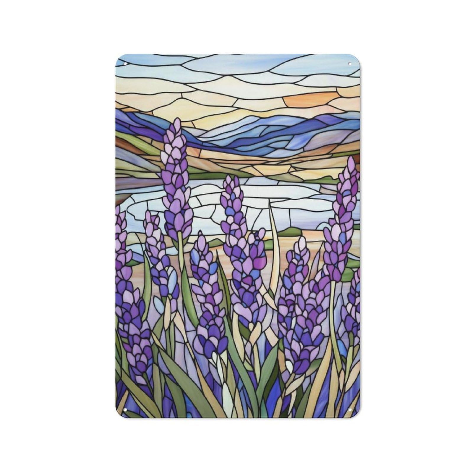 Junmoney Style-22 Vintage Tin Sign 30X20cm With Stained Glass Lavender Field For Kitchen Or Home Bar, Suited To Home Bar Enthusiasts