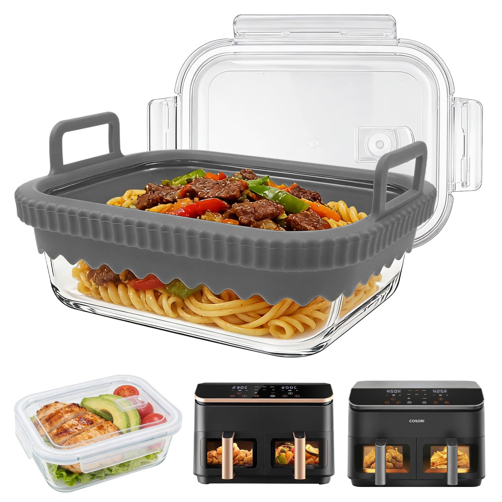 Recipiente de Vidrio para Freidora de Aire con Tapa, Accesorio Air Fryer Compatible con Ninja AF400EU/DZ400EU/COSORI 2 Cámaras de 8,5 L, Con Asas de Silicona Extraíbles, Apto Lavavajillas