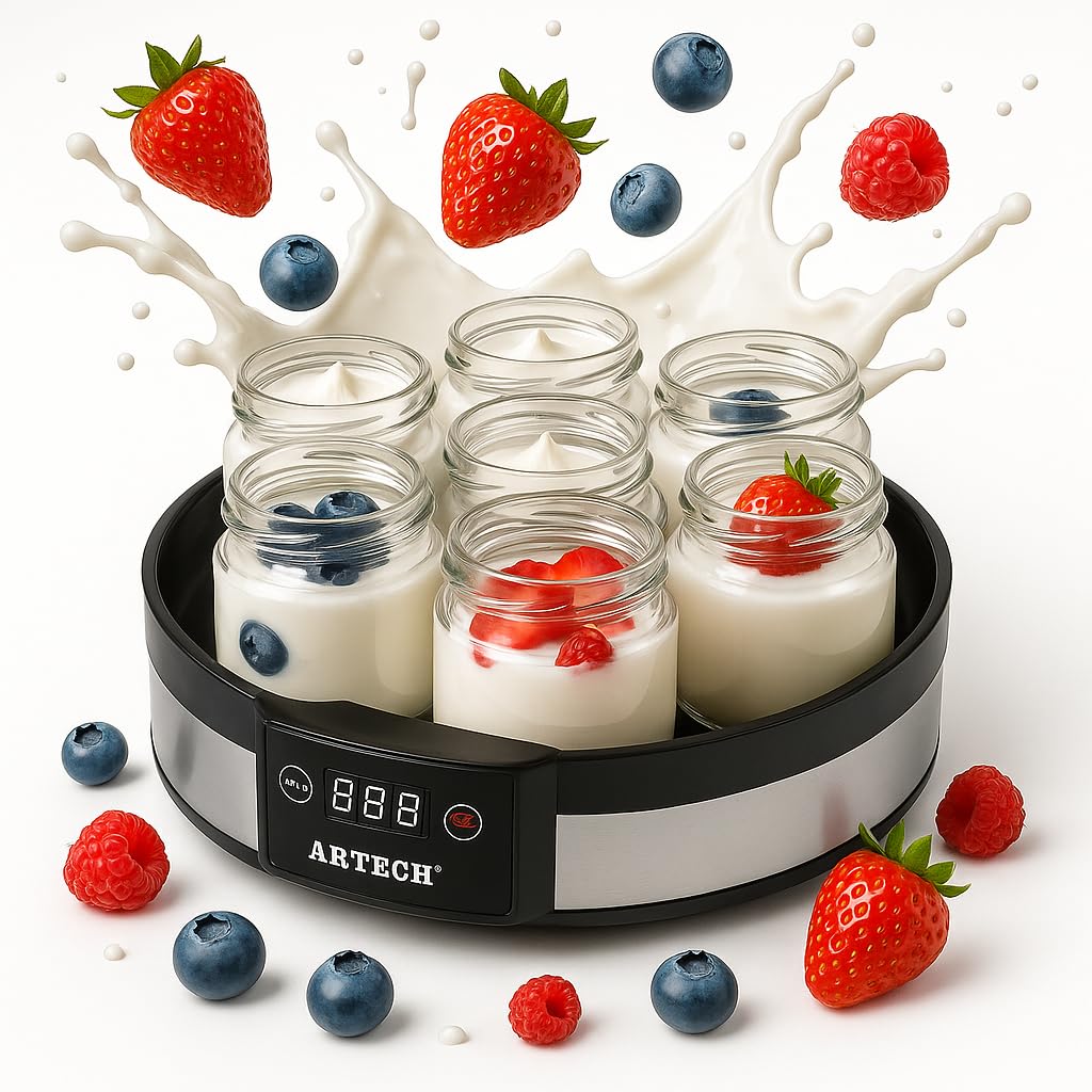Trendi Digital Yoghurt Maker with 7 Glass Jars – Electric, Compact, Stainless Steel Yogurt Maker Machine with LED Display & Timer – 180ml Glass Containers – for Fresh, Healthy Homemade Desserts