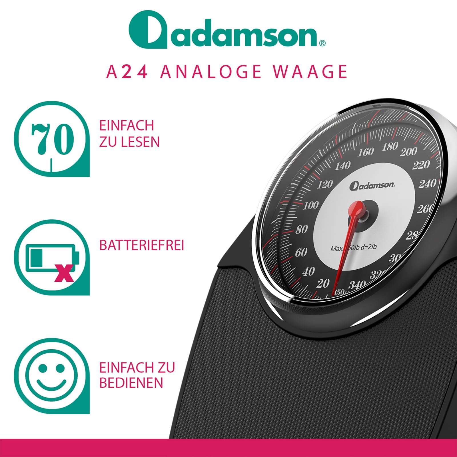 Adamson A24 Analogwaage - NEU - bis 350lbs, rutschfeste Gummioberfläche, extra große Ziffern, hochpräzise Personenwaage Analog, langlebig, 20-Jahre Support für Haushalt, Schlafzimmer, Bad - Schwarz