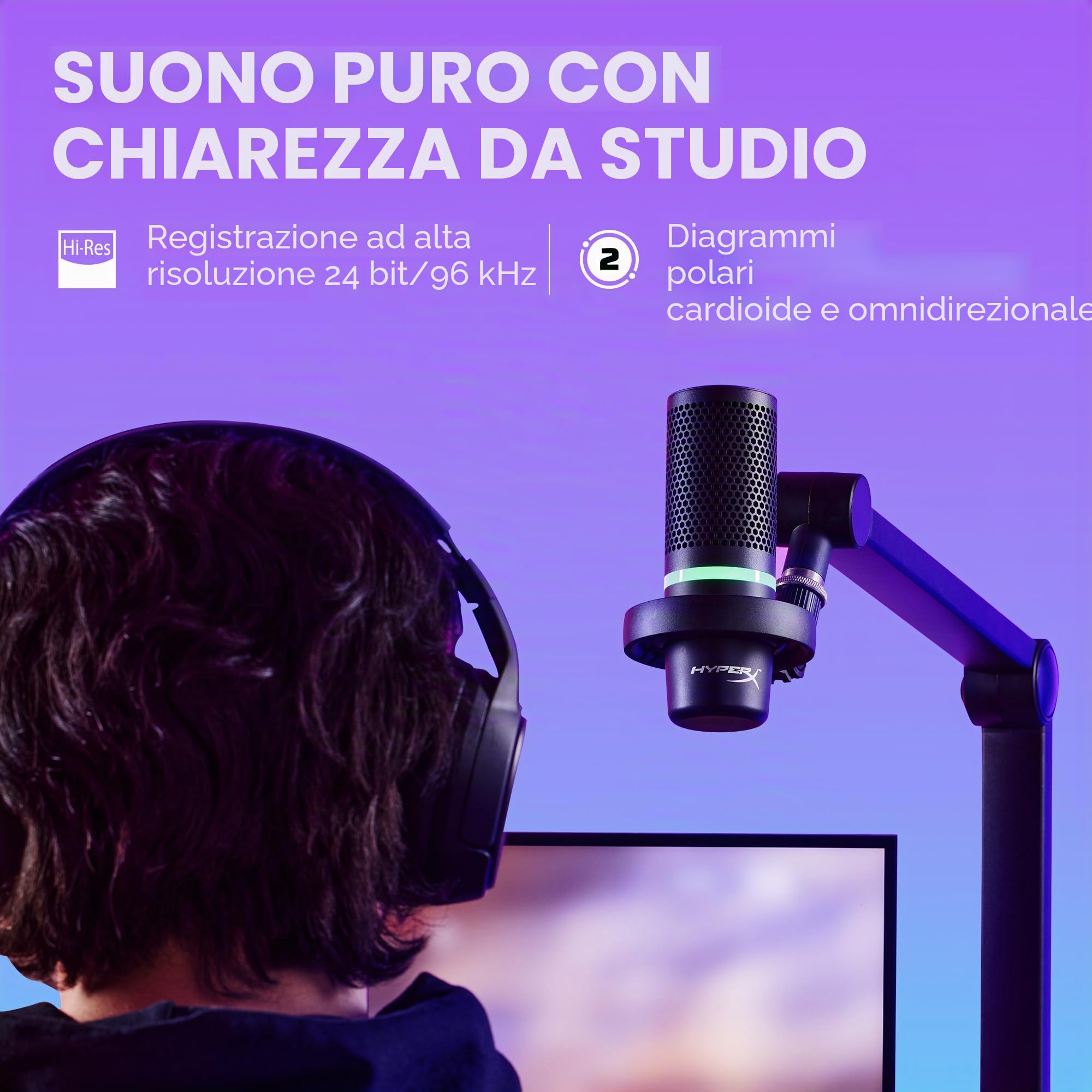 HyperX DuoCast, Microfono da gaming, USB a condensatore, Illuminazione RGB, ShockMount, Cardioide, Omnidirezionale, FiltroPop, Streaming, Podcast, Twitch, YouTube, Discord, per PC, PS5, PS4, Mac, Nero
