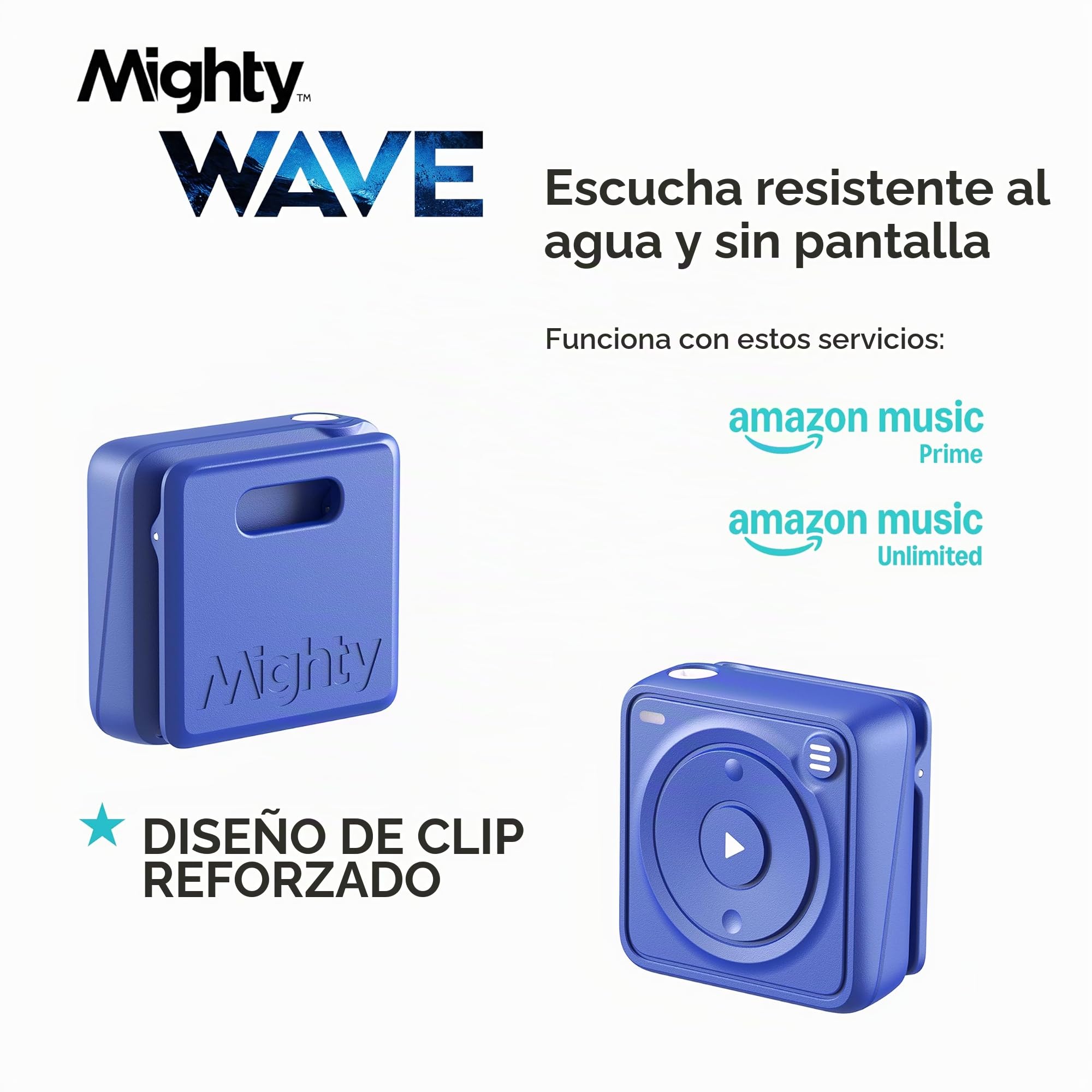 Mighty Wave (edición 2026) impermeable IPX7 Spotify y reproductor de música Amazon - Incluye auriculares impermeables con cable - Perfecto para nadar - Música + podcasts