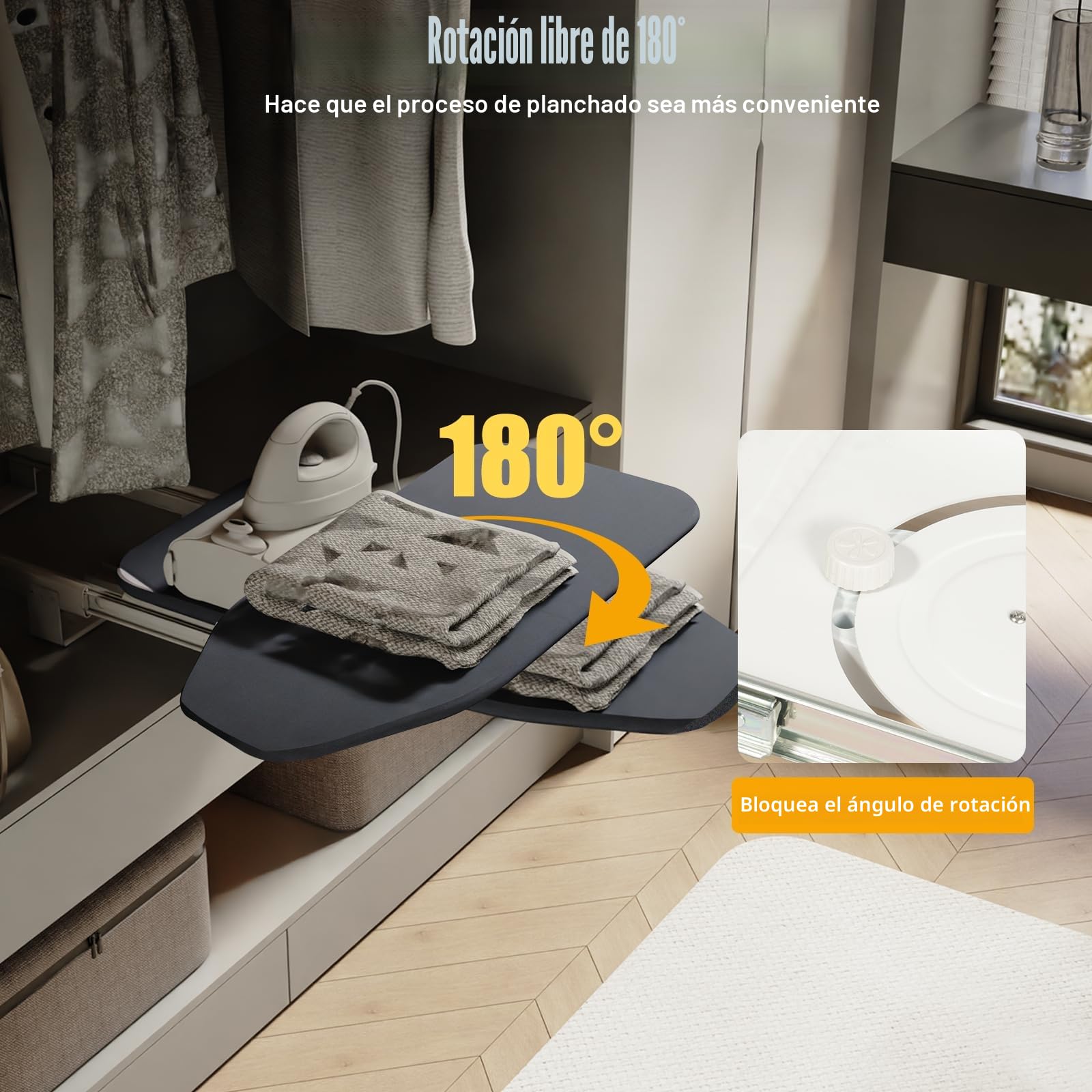 Tabla de planchar extensible, giratoria 180°, con funda resistente al calor, dimensiones del armario 57 x 45 x 17 cm, plegable para sobrecamisas Kleding