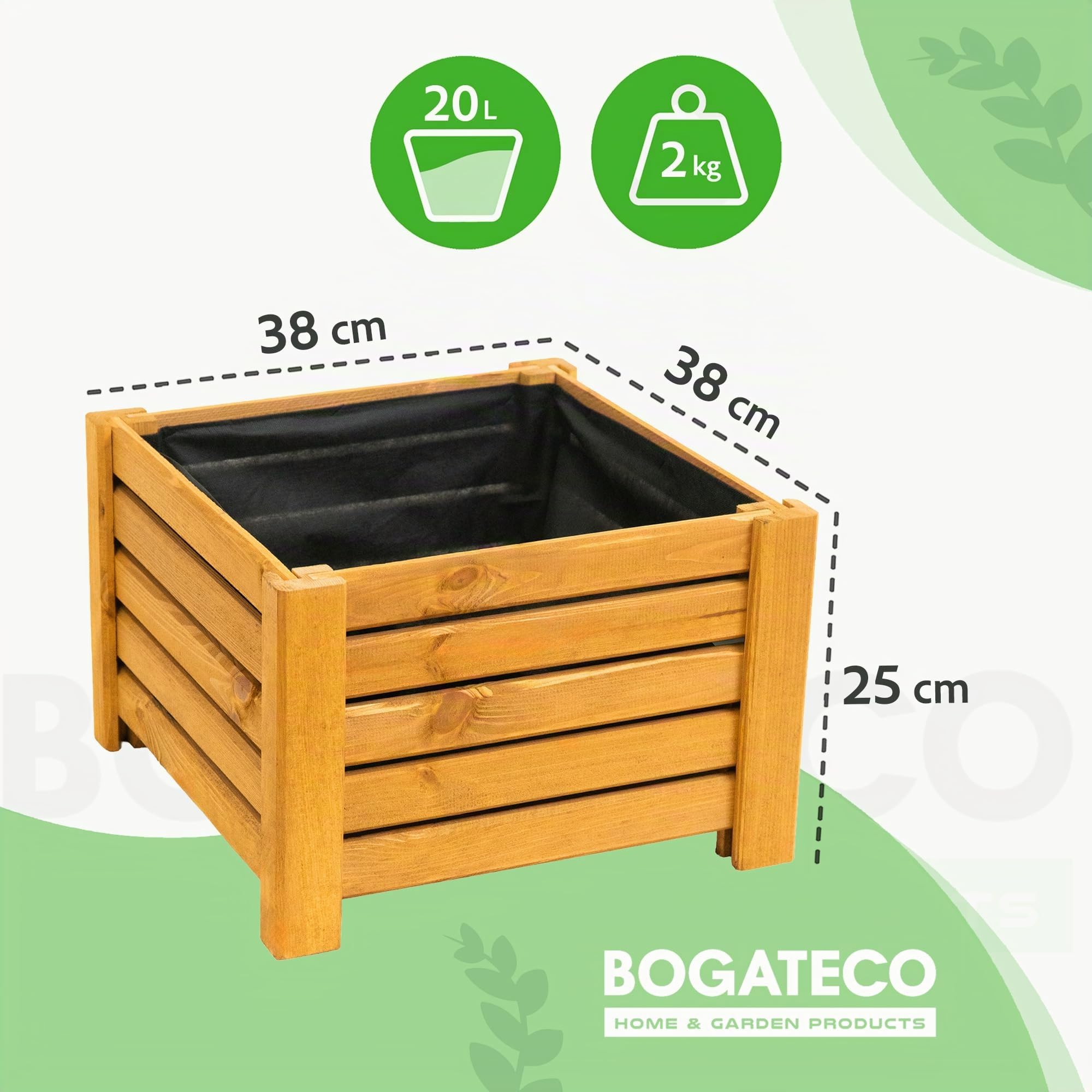 BOGATECO Fioriera per Esterni in Legno | 38 x 38 cm | Marrone | Perfetto per Giardino Terrazza Balcone | Scatola Quadrata | Costruzione e Impregnato Robusta | Arriva Assemblato | con Agro-Tessile